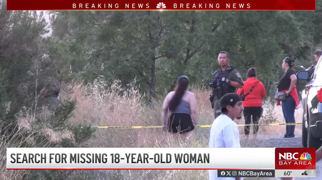Community members and law enforcement search near Anderson Lake during the investigation into Marissa DiNapoli's disappearance, from a video posted July 3, 2025 | Source: YouTube/NBCBayArea