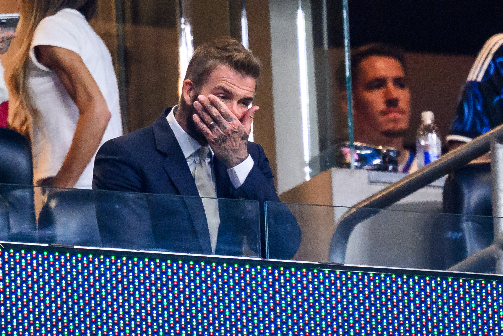 David Beckham is captured in a moment of stress or surprise, covering his mouth during a tense development of the historic final match at MetLife Stadium. | Source: Getty Images