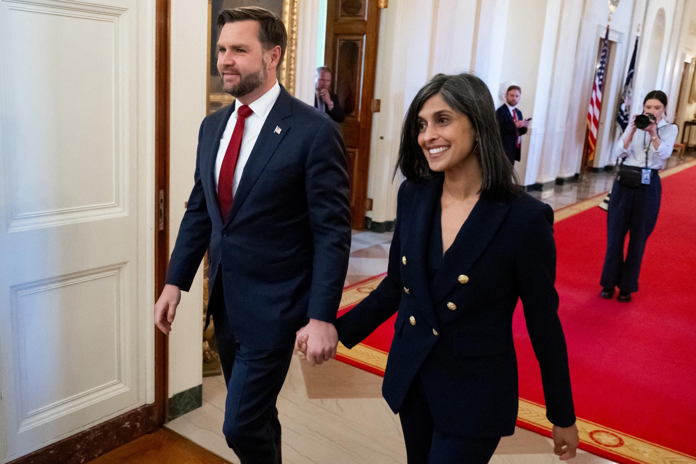 Second Lady Usha Vance and Vice President JD Vance arrive for the signing of an executive order on foster care in the White House on November 13, 2025. | Source: Getty Images