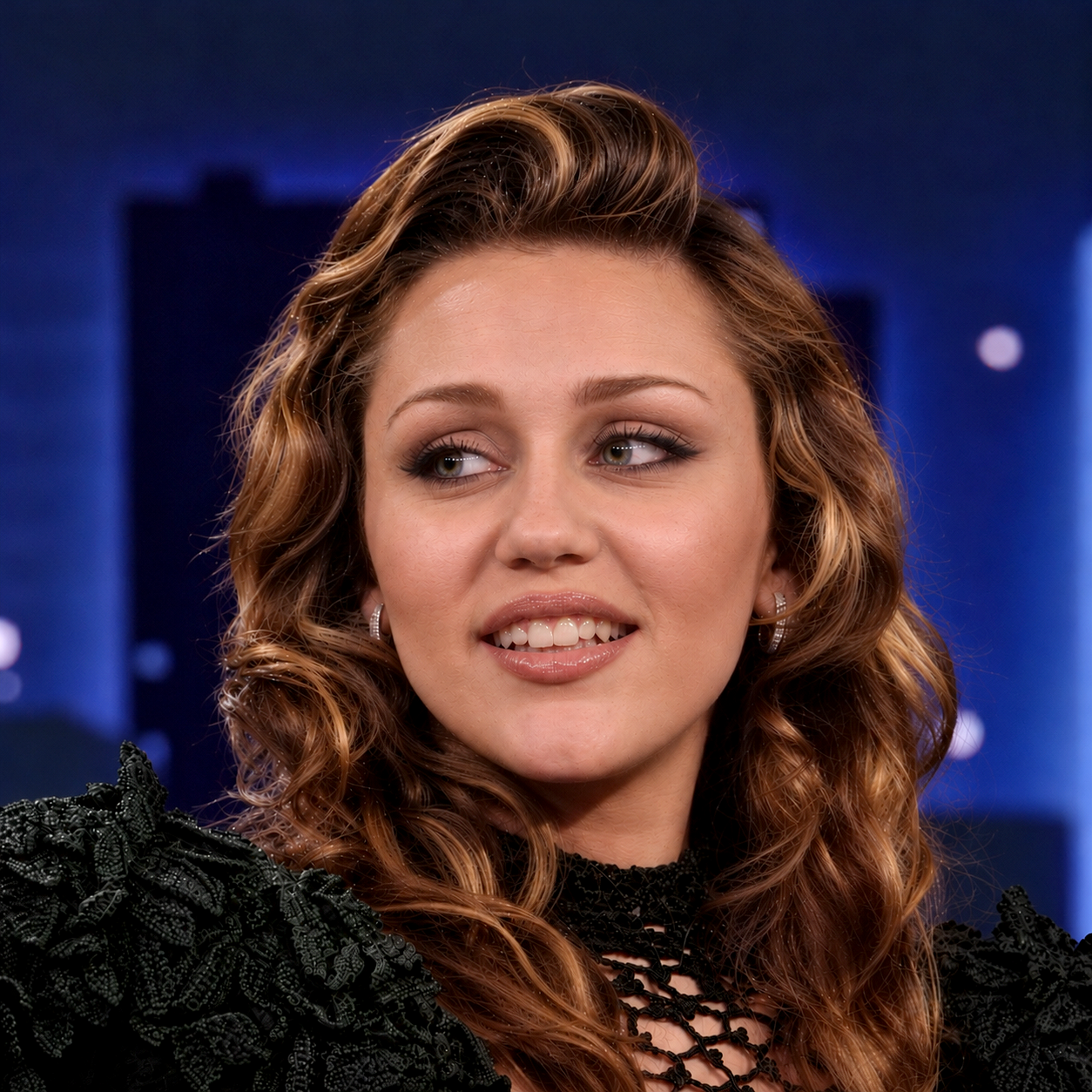 AI-generated portrait of Miley Cyrus smiling and looking to the side, with voluminous blonde waves, a black lace outfit, and a dark blue event-style backdrop. | Source: Gemini
