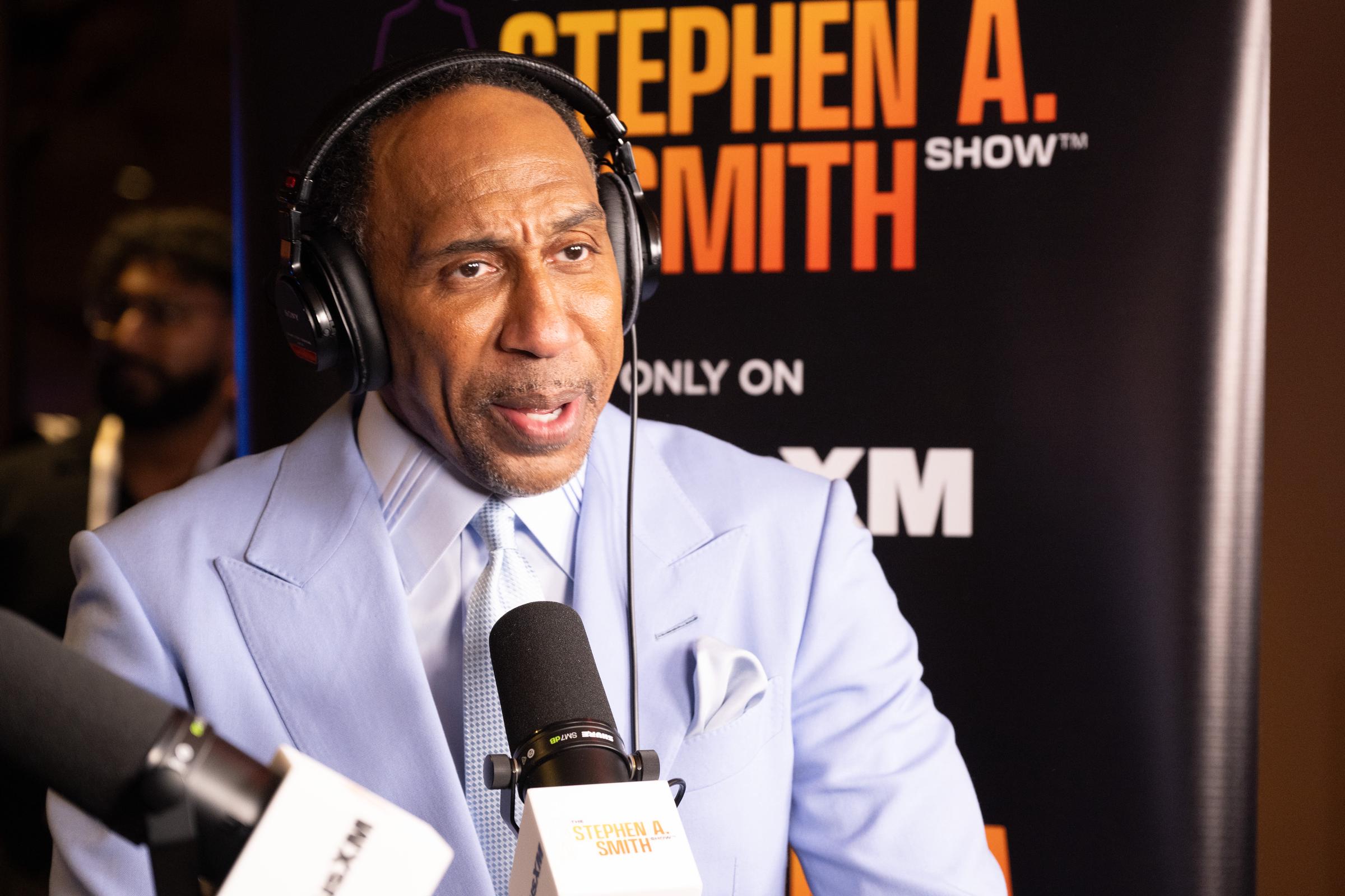 Stephen A. Smith discusses the Knicks' Game 3 loss on his show after jokingly blaming Donald Trump's presence at Madison Square Garden. The comments prompted a swift response from the president, who dismissed the criticism and questioned Smith's presidential prospects. | Source: Getty Images