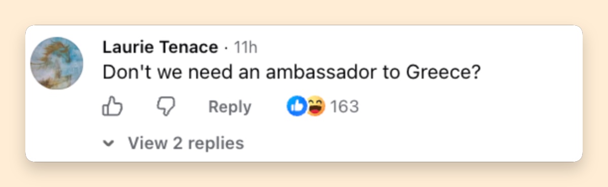 A commenter jokes about the diplomatic vacancy Zacharia herself announced during her only White House briefing. | Source: Facebook/Occupy Democrats.