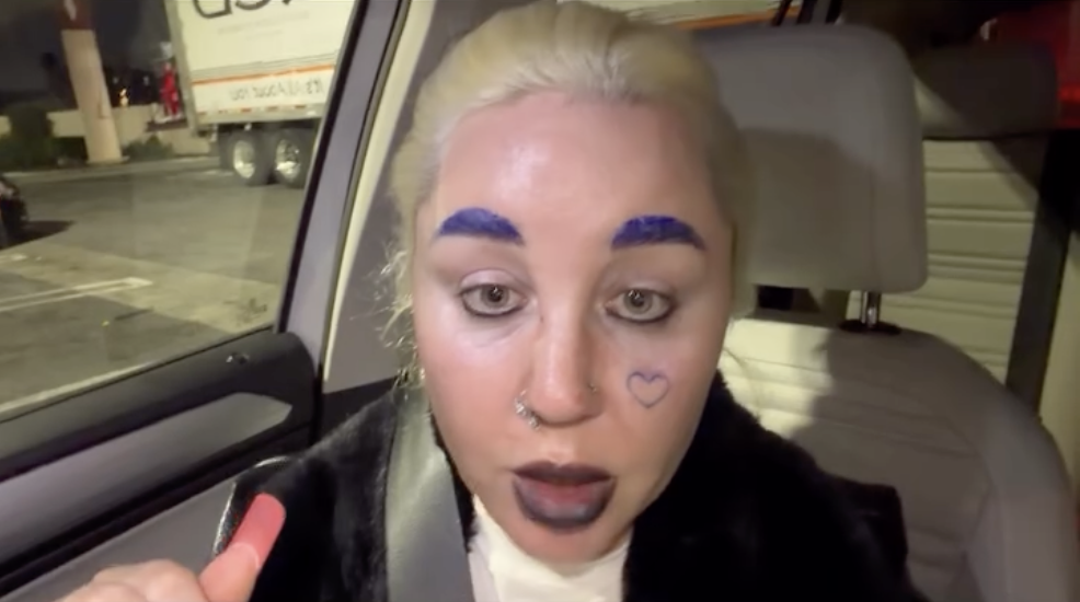 Seated inside a parked car, Amanda Bynes spoke directly to the camera, sporting a dramatic beauty look with deep purple brows and a hand-drawn heart accent. | Source: Instagram/amandapandapandapanda1