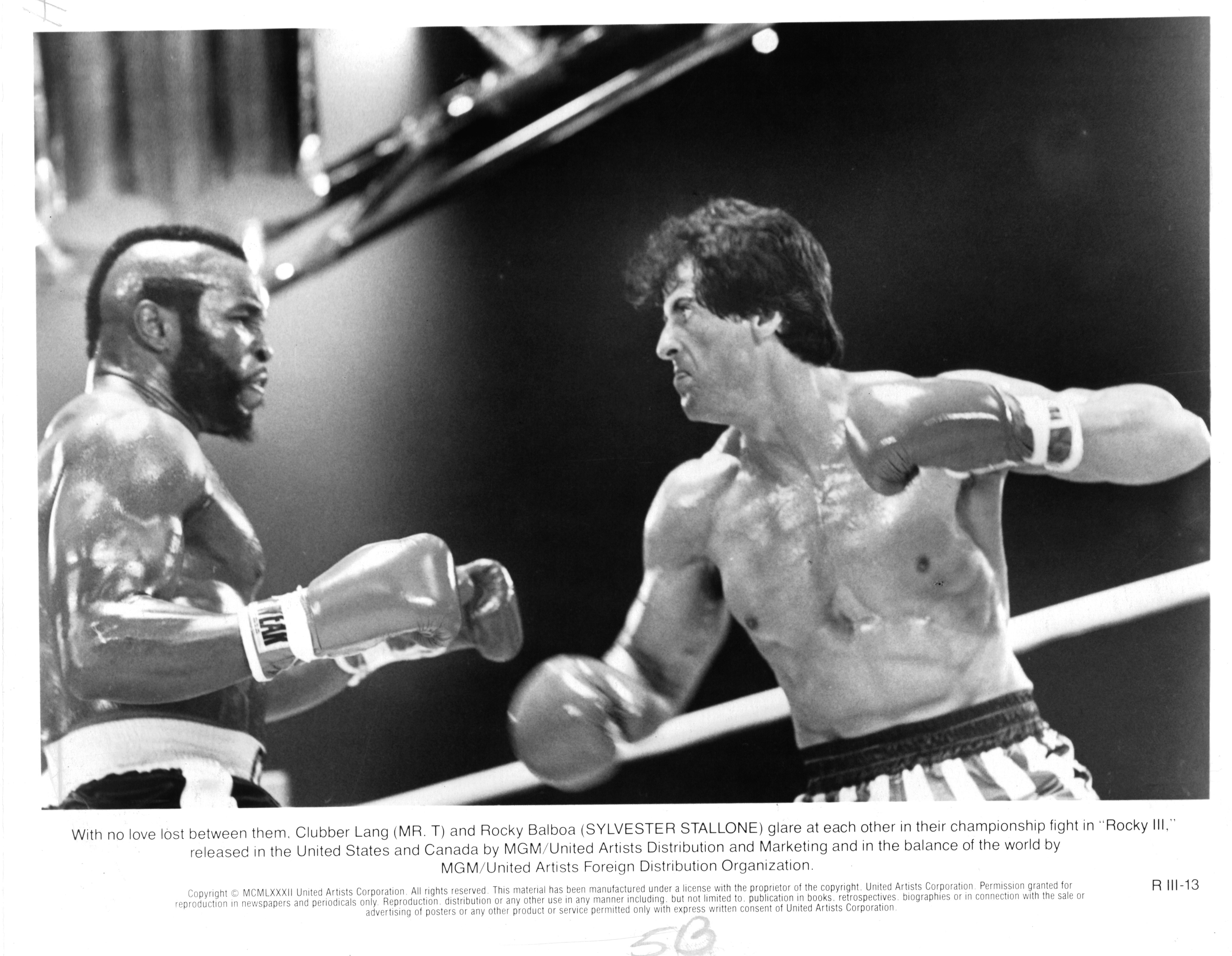 Mr. T's Clubber Lang and Sylvester Stallone's Rocky Balboa square off during their championship fight in "Rocky III" in 1982. Stallone's sharply defined physique contrasts with his opponent's powerful build, reflecting his decision to make Rocky leaner, faster, and more agile rather than trying to match Lang's muscle and aggression.