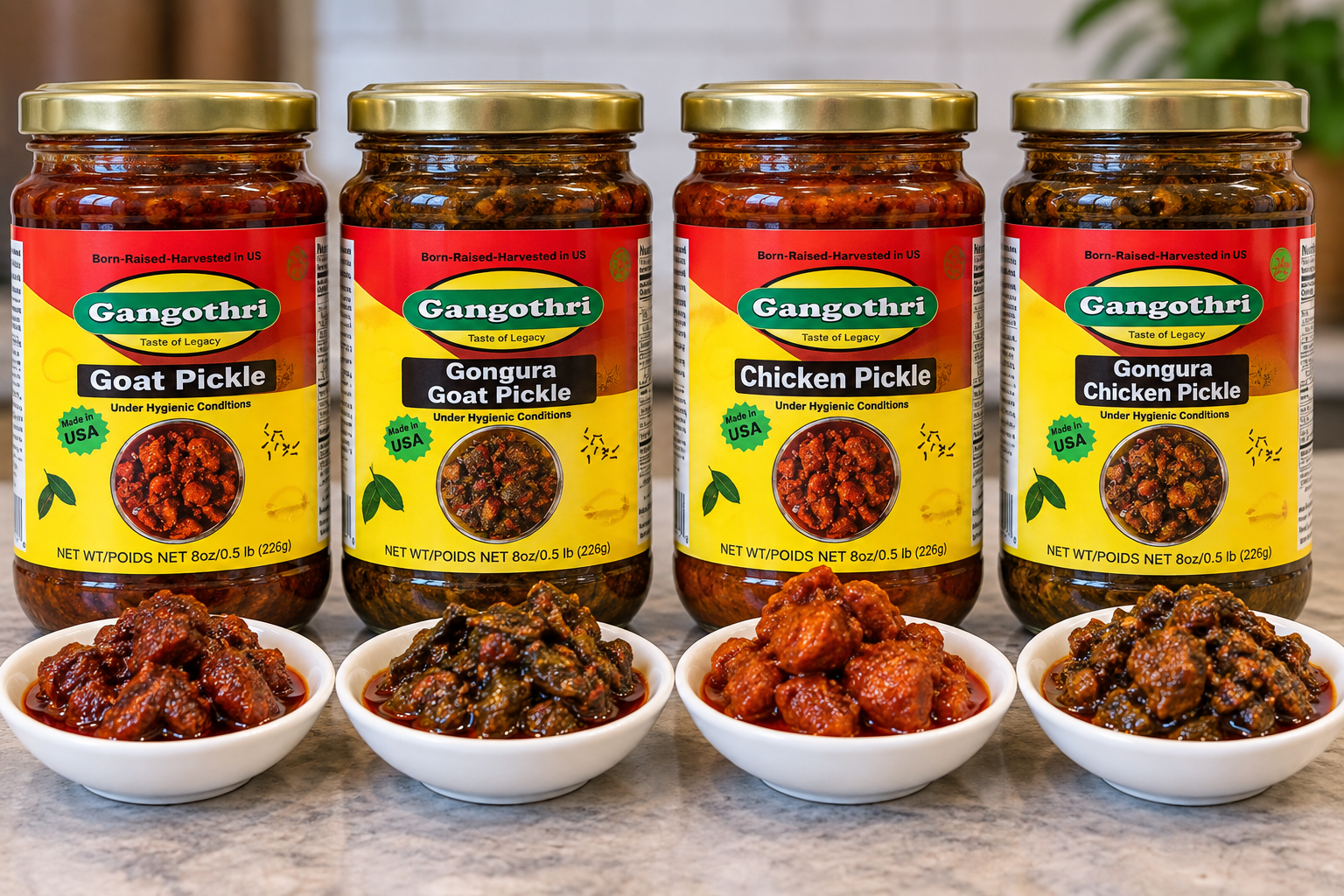 Illustration of the four Gangothri Foods pickled goat and chicken products included in the August 2026 recall, based on labels released by FSIS. | Source: ChatGPT and fsis.usda.gov