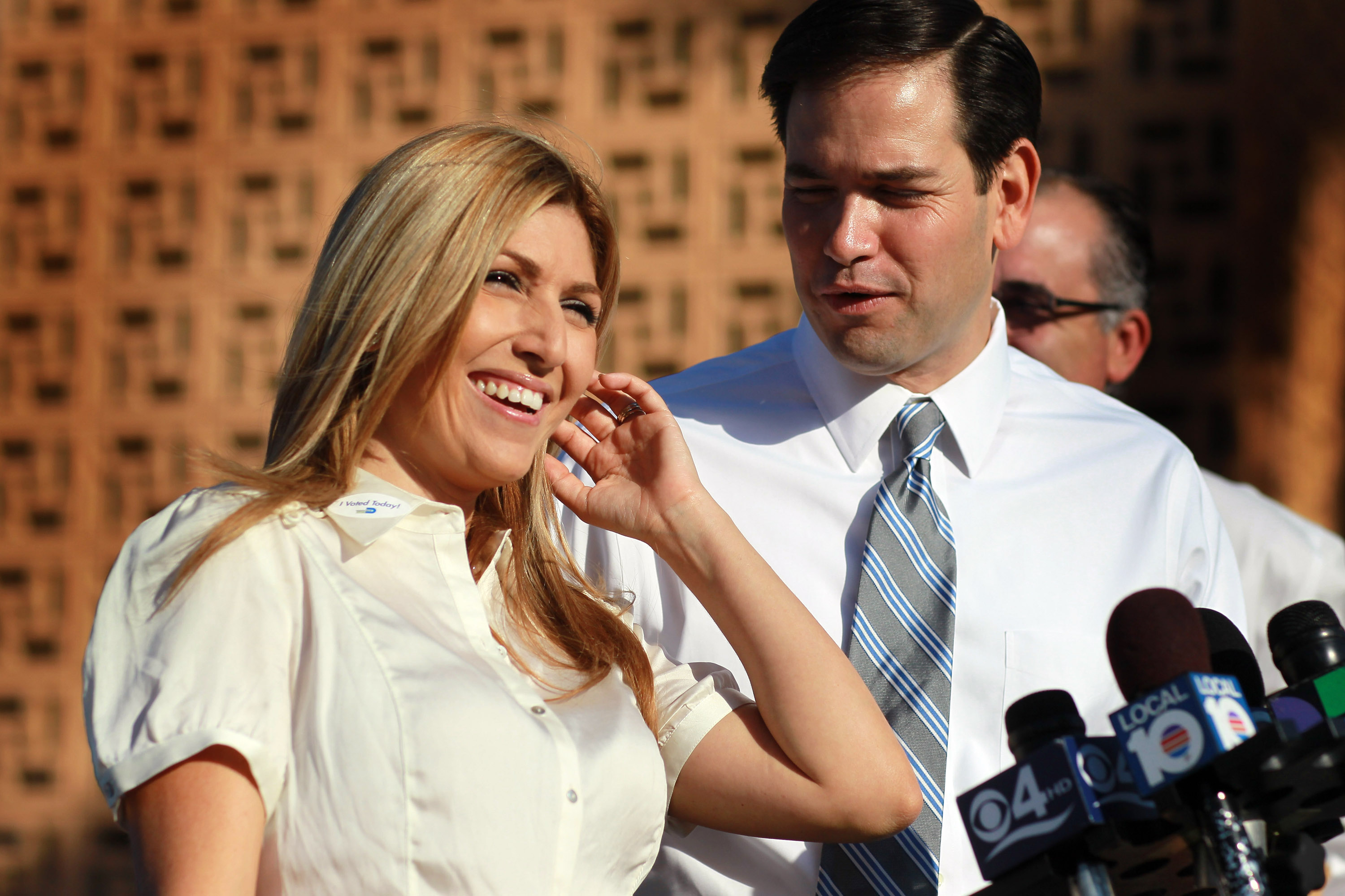 Jeanette Dousdebes and Marco Rubio speaking to the press after voting in Hialeah, Florida on October 22, 2010. | Source: Getty Images