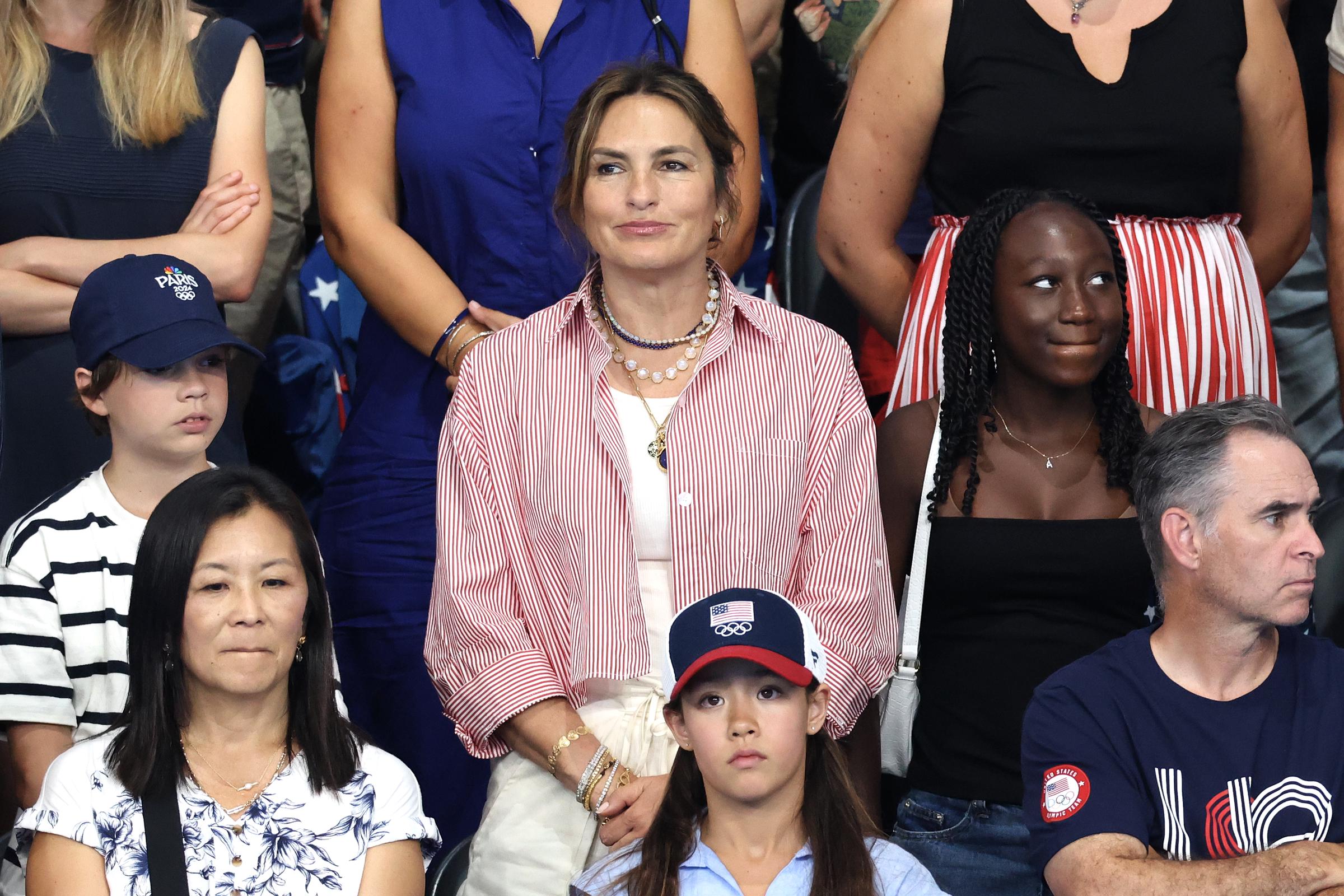 August Hermann, Mariska Hargitay, and Amaya Hermann pictured on day five of the Olympic Games Paris on July 31, 2024, in Nanterre, France. | Source: Getty Images