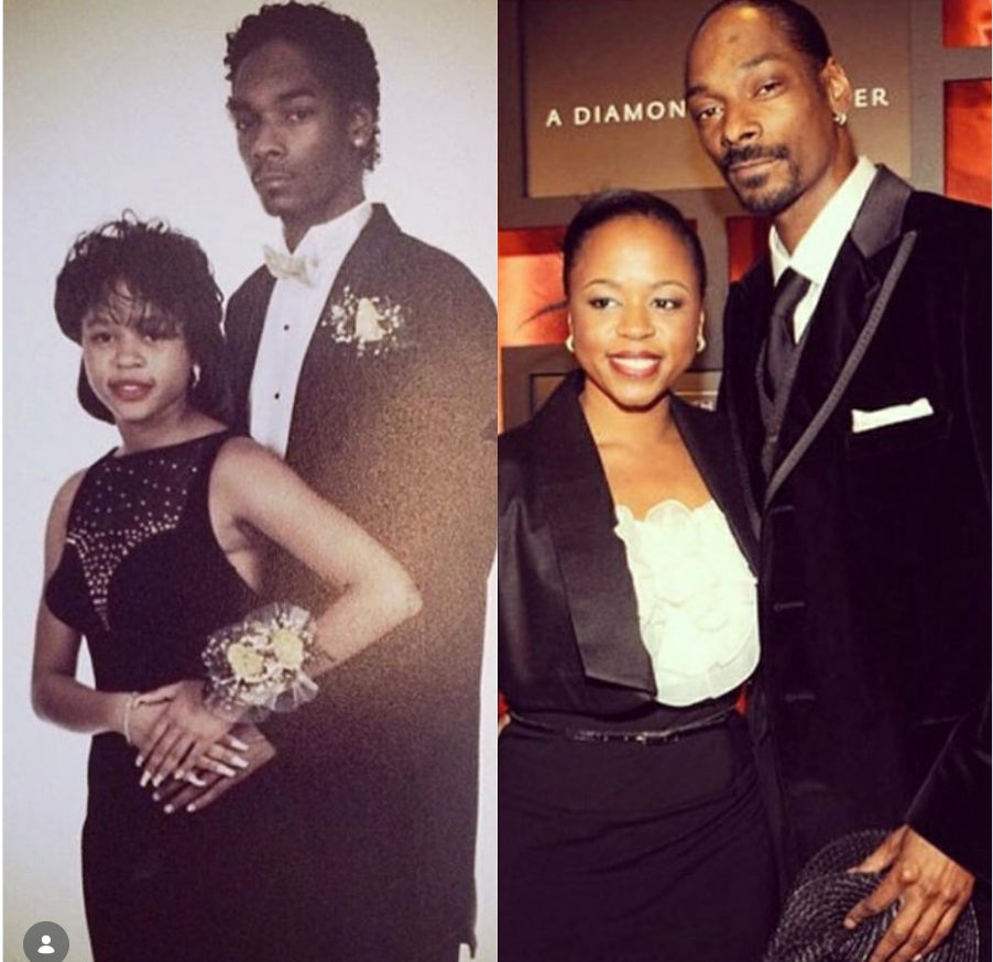 Snoop Dogg and Shante Broadus in a side-by-side throwback comparison from their prom days to a glamorous red carpet appearance years later. | Source: Instagram/bosslady_ent