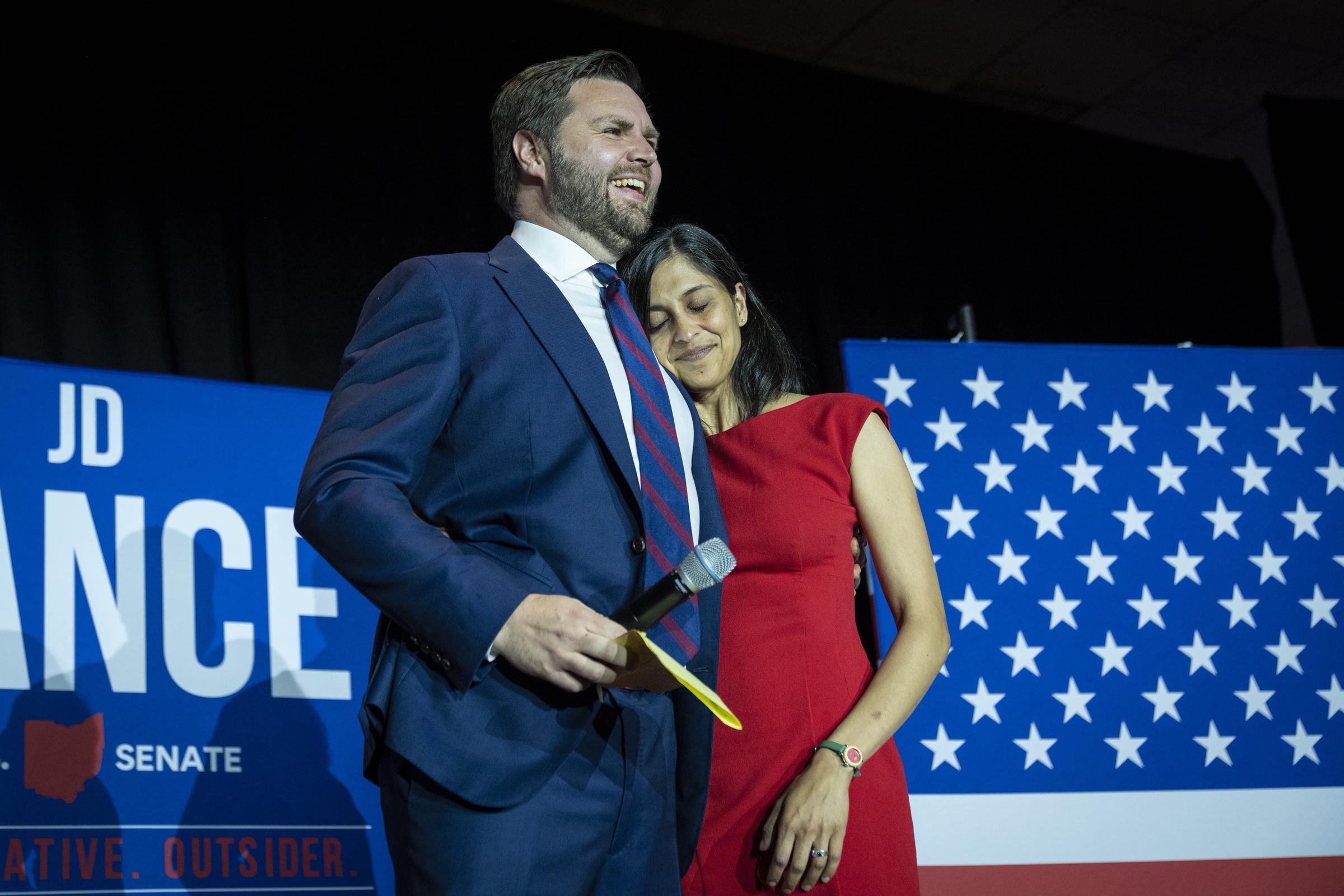 J.D. Vance embraces his wife Usha Vance after winning the primary, at an election night event at Duke Energy Convention Center on May 3, 2022 | Source: Getty Images