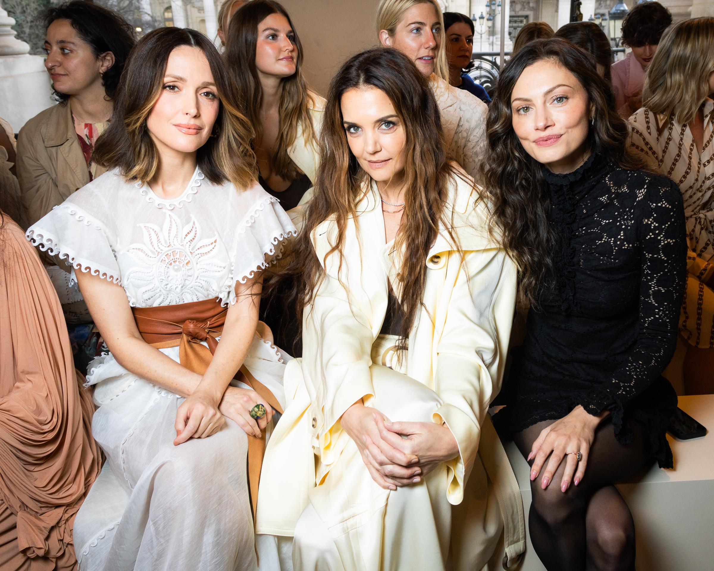 Rose Byrne, Katie Holmes, and Phoebe Tonkin at the Zimmermann Womenswear Fall/Winter 2025-2026 show as part of Paris Fashion Week in Paris, France on March 10, 2025. | Source: Getty Images