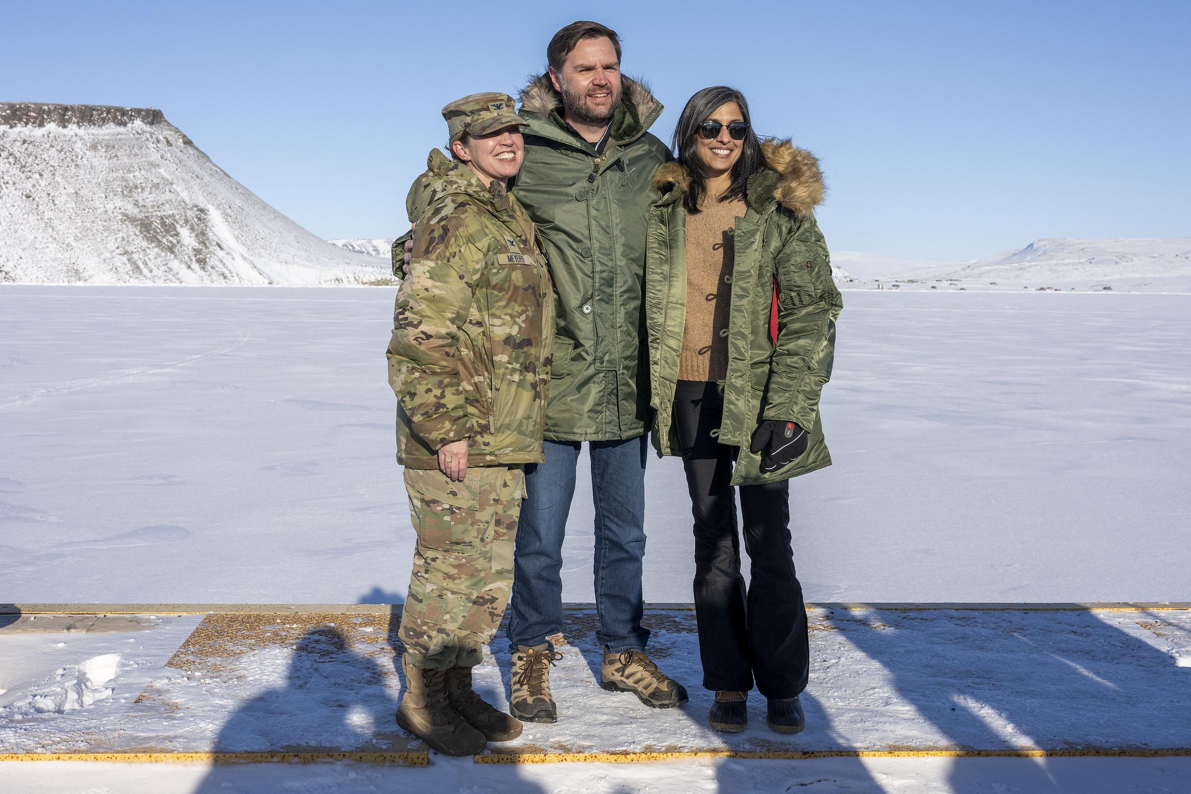 Usha and JD Vance stand with Colonel Susan Meyers during a tour of Pituffik Space Base in Greenland on March 28, 2025. | Source: Getty Images