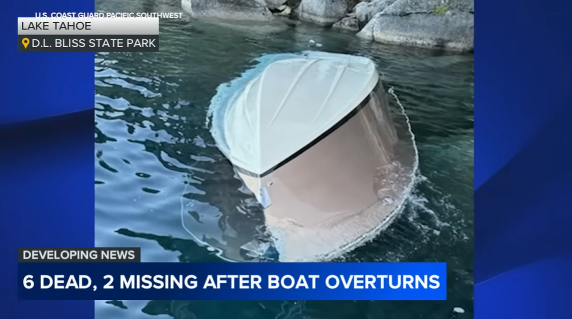 The overturned boat seen near the rocky shoreline of D.L. Bliss State Park on Lake Tahoe, as posted on June 21, 2025 | Source: YouTube/abc7news