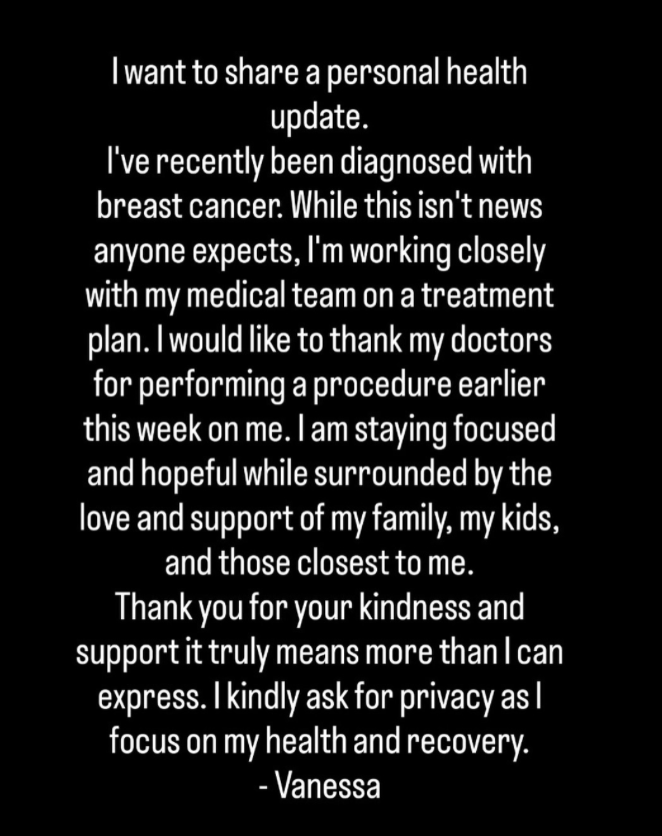 Vanessa's May 20 statement also included a request for privacy while she concentrated on her health and recovery. | Source: Instagram/@officialvanessatrump