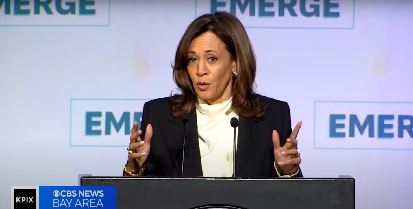 Kamala Harris during her speech at the Emerge Gala, posted on May 1, 2025. | Source: YouTube/KPIX | CBS News Bay Area