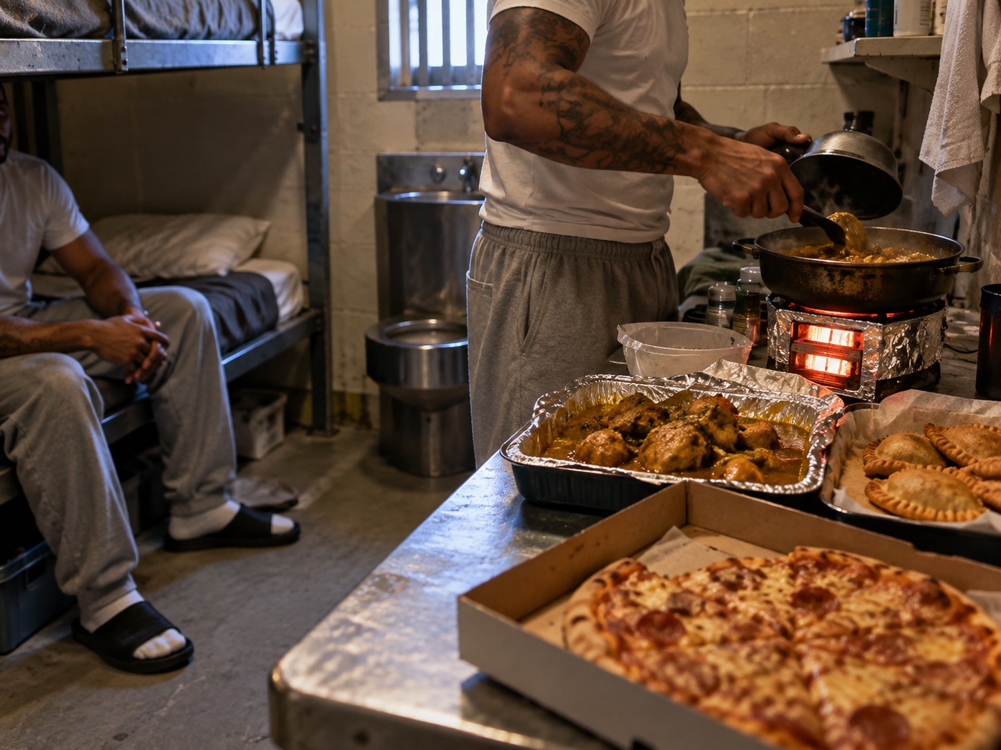 Former inmates claimed that special meals were prepared inside the prison using makeshift equipment, with food reportedly served to Combs and other prisoners rather than coming from the facility's regular kitchen. | AI-generated illustration.