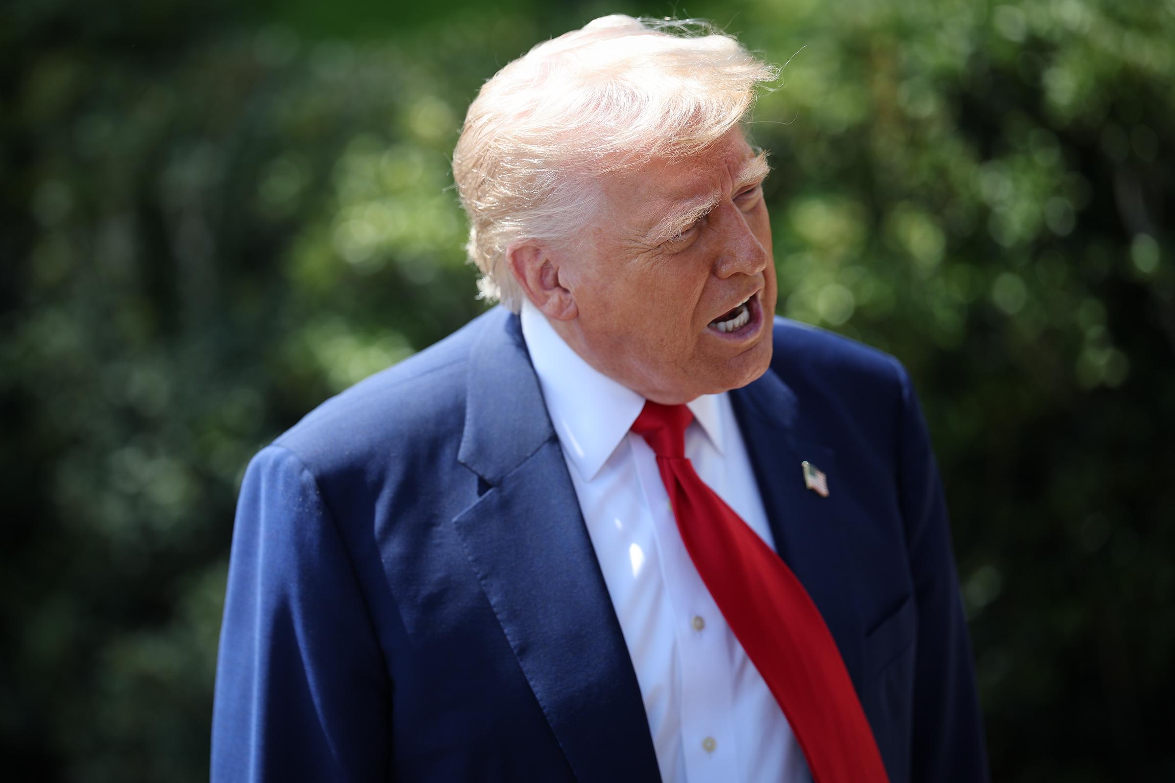Donald Trump addressing the media before boarding Marine One on the South Lawn of the White House in Washington, D.C., on April 29, 2025. | Source: Getty Images