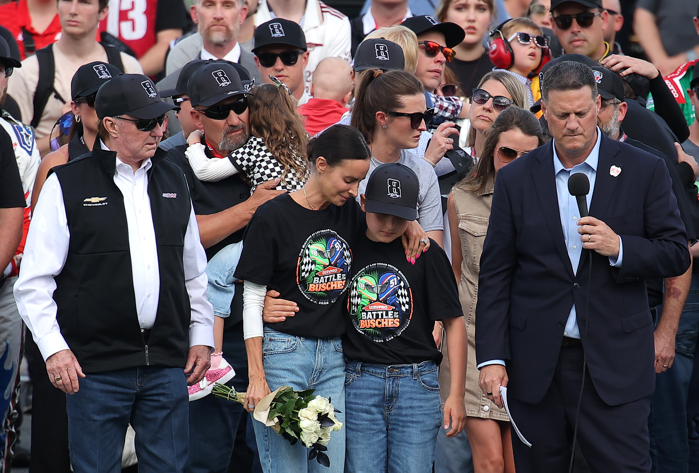 Samantha Busch and son Brexton stand during a tribute for Kyle Busch before the Coca-Cola 600 in Concord, North Carolina, on May 24, 2026 | Source: Getty Images
