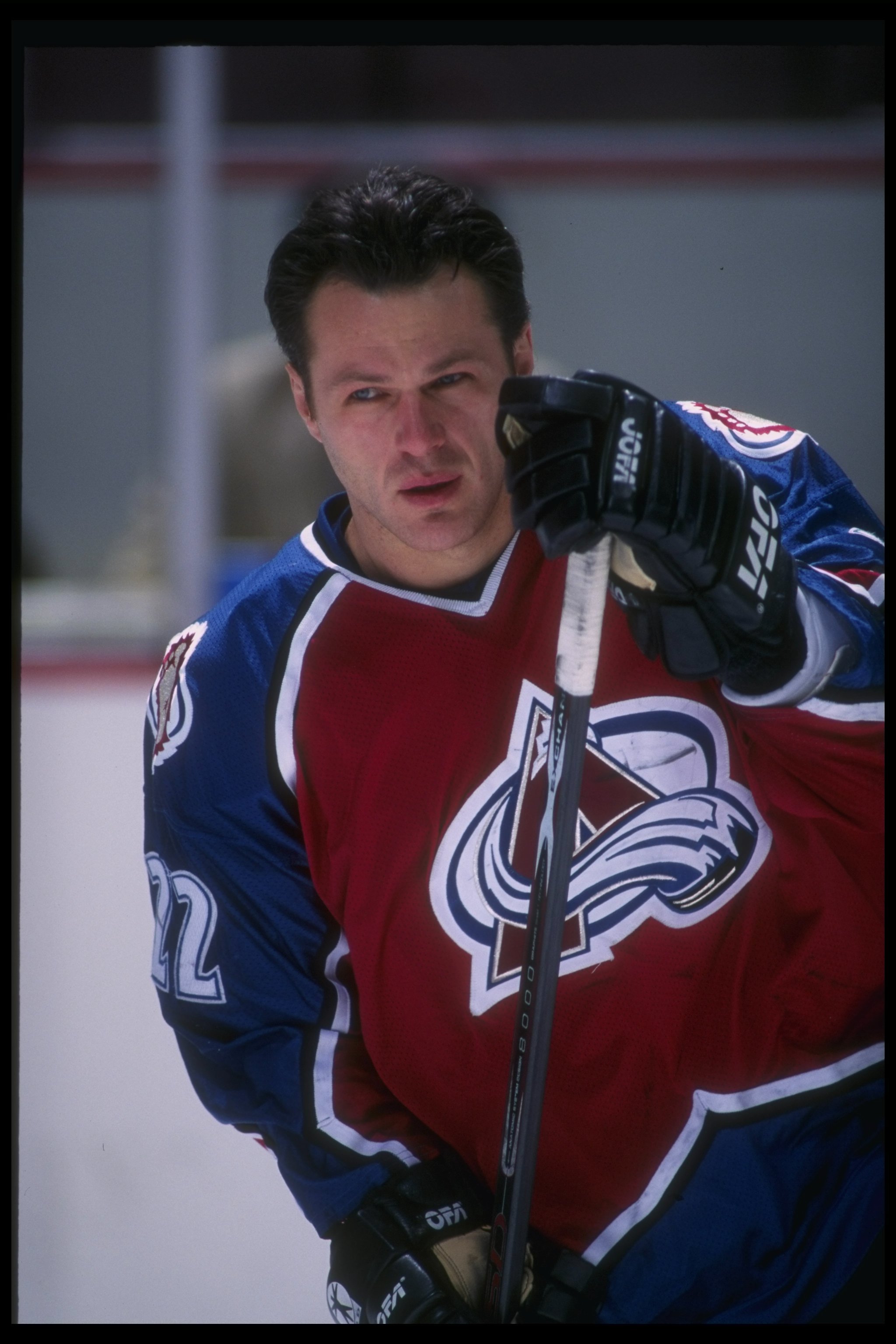Claude Lemieux of the Colorado Avalanche looks on during a game against the Anaheim Mighty Ducks at Arrowhead Pond in Anaheim, California. | Source: Getty Images