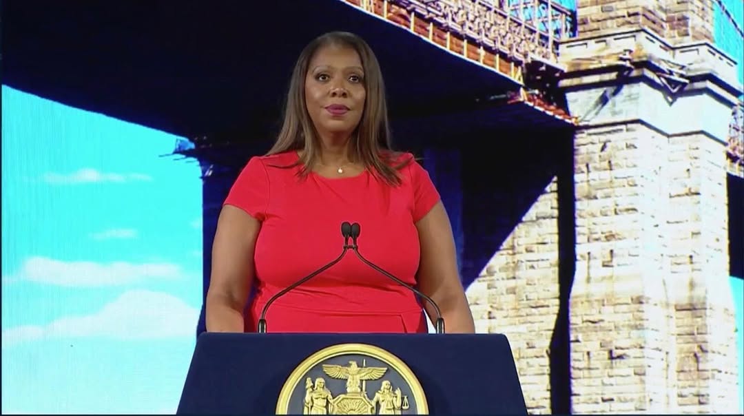 Leticia James standing at a podium bearing the New York State seal. Source: Instagram/newyorkstateag
