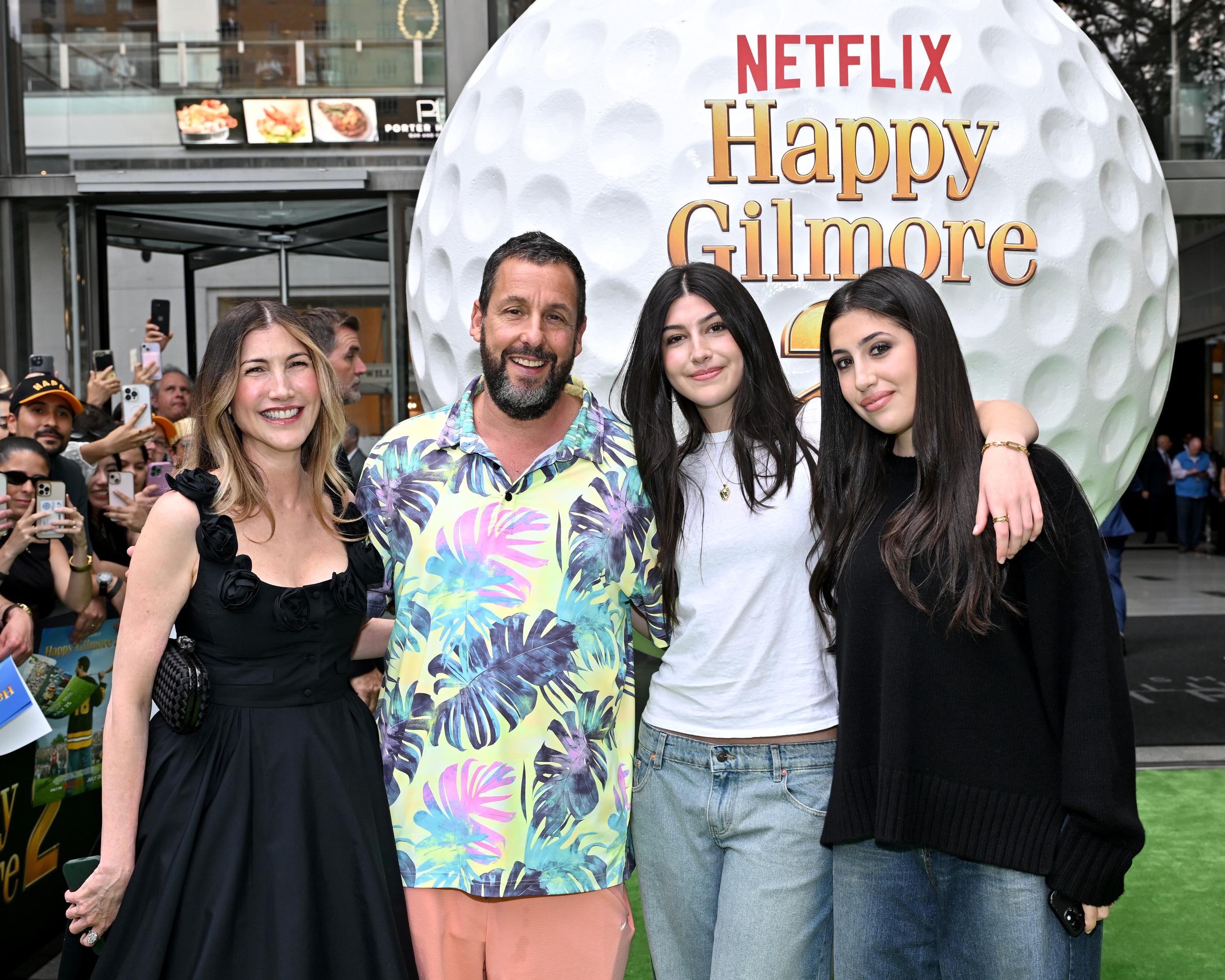 Adam and Jackie Sandler join daughters Sunny and Sadie at the "Happy Gilmore 2" world premiere in July 2025, as both daughters continue pursuing acting careers. | Source: Getty Images
