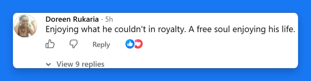 The Facebook user shared a supportive reaction to Harry's life outside the royal family, praising his independence and apparent happiness. | Source: Facebook/Prince Harry, Duke of Sussex