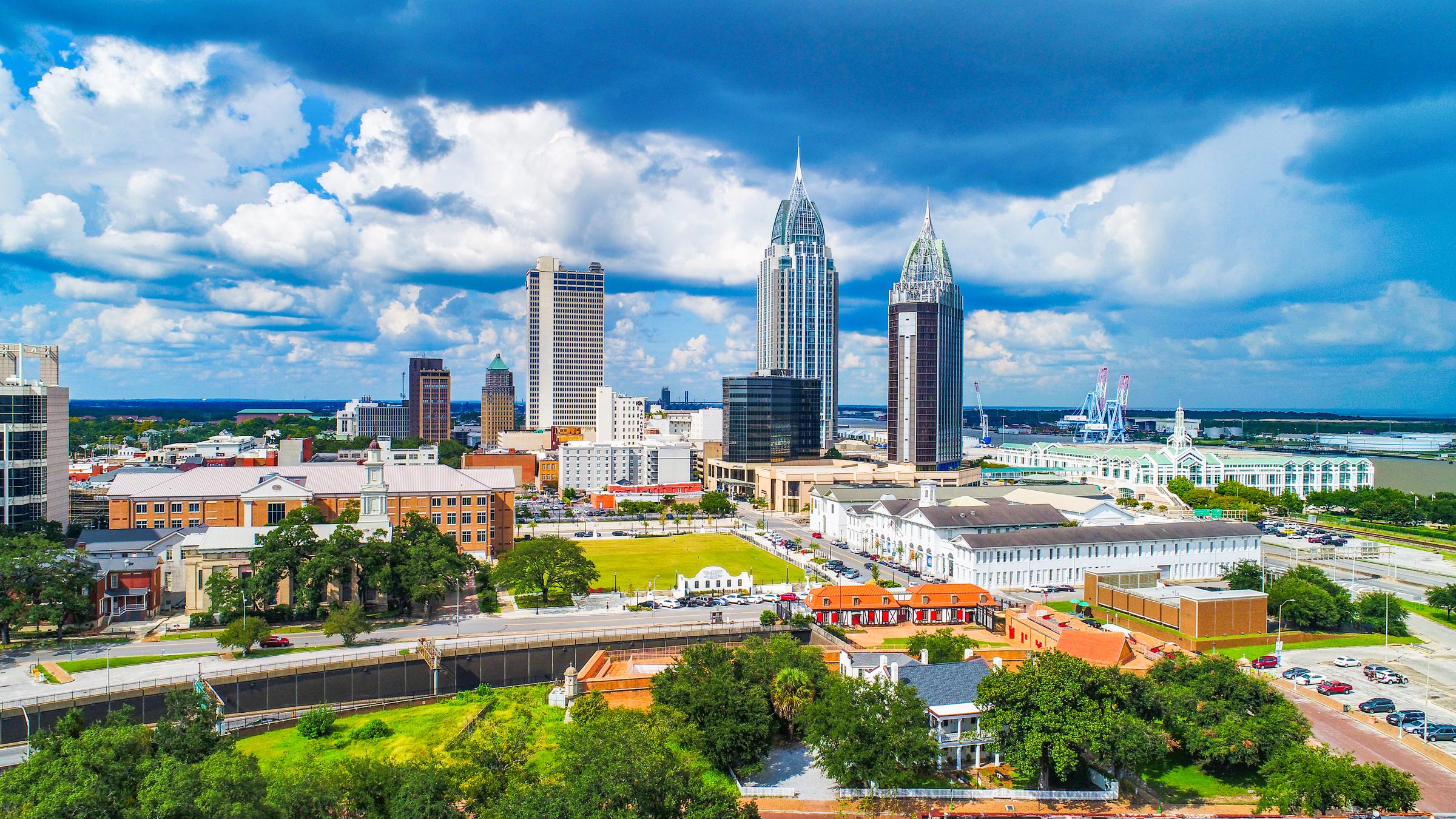 Drone Aerial View of Downtown Mobile Alabama AL Skyline. | Source: Getty Images
