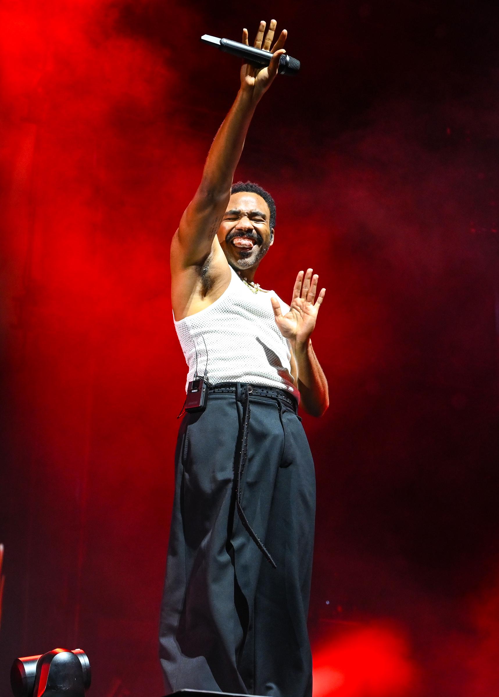 Donald Glover greets fans while performing at Camp Flog Gnaw 2025 in Los Angeles | Source: Getty Images