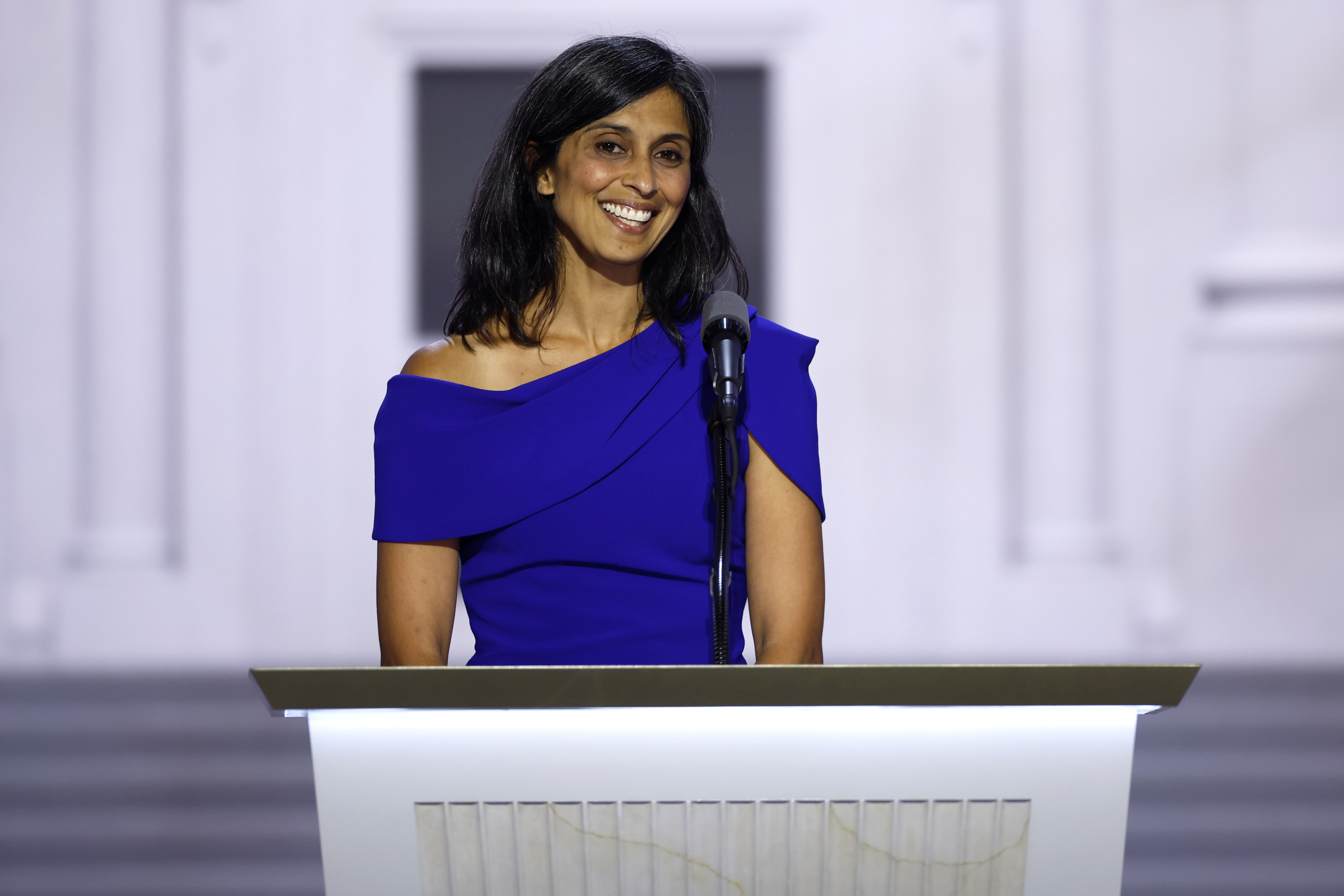 Usha Vance speaking onstage during day three of the Republican National Convention in Milwaukee, Wisconsin on July 17, 2024. | Source: Getty Images