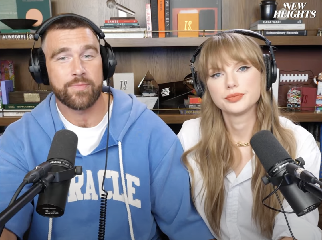 Taylor Swift and Travis Kelce gaze directly at the camera while chatting with Jason Kelce on the *New Heights* podcast. Sitting side by side, they look striking together, like the perfect couple. From a post dated August 14, 2025 | Source: Youtube/@newheightshow