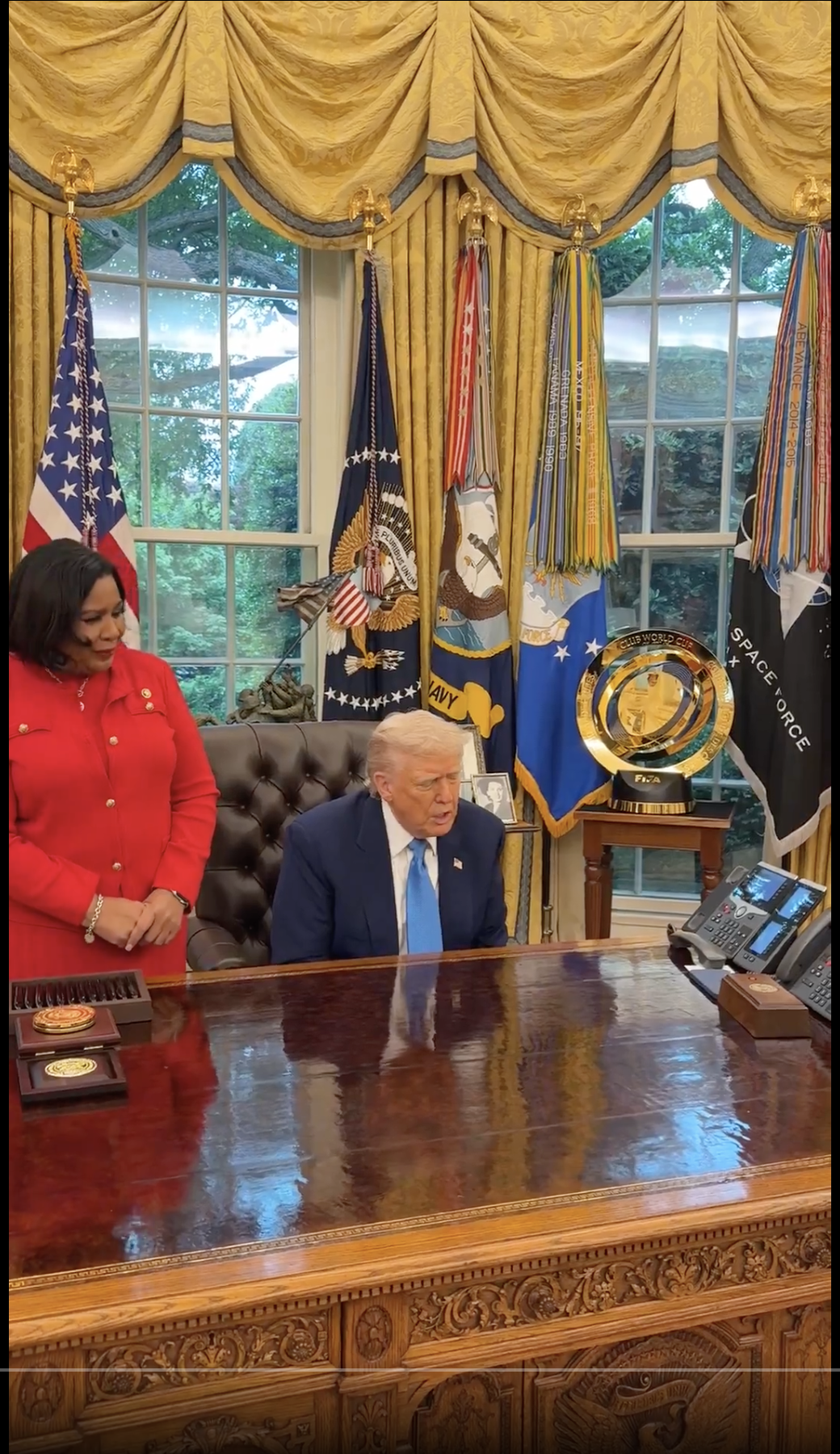 President Donald Trump is pictured talking to Todd and Julie Chrisley's kids, in a video dated May 28, 2025 | Source: X/MargoMartin47