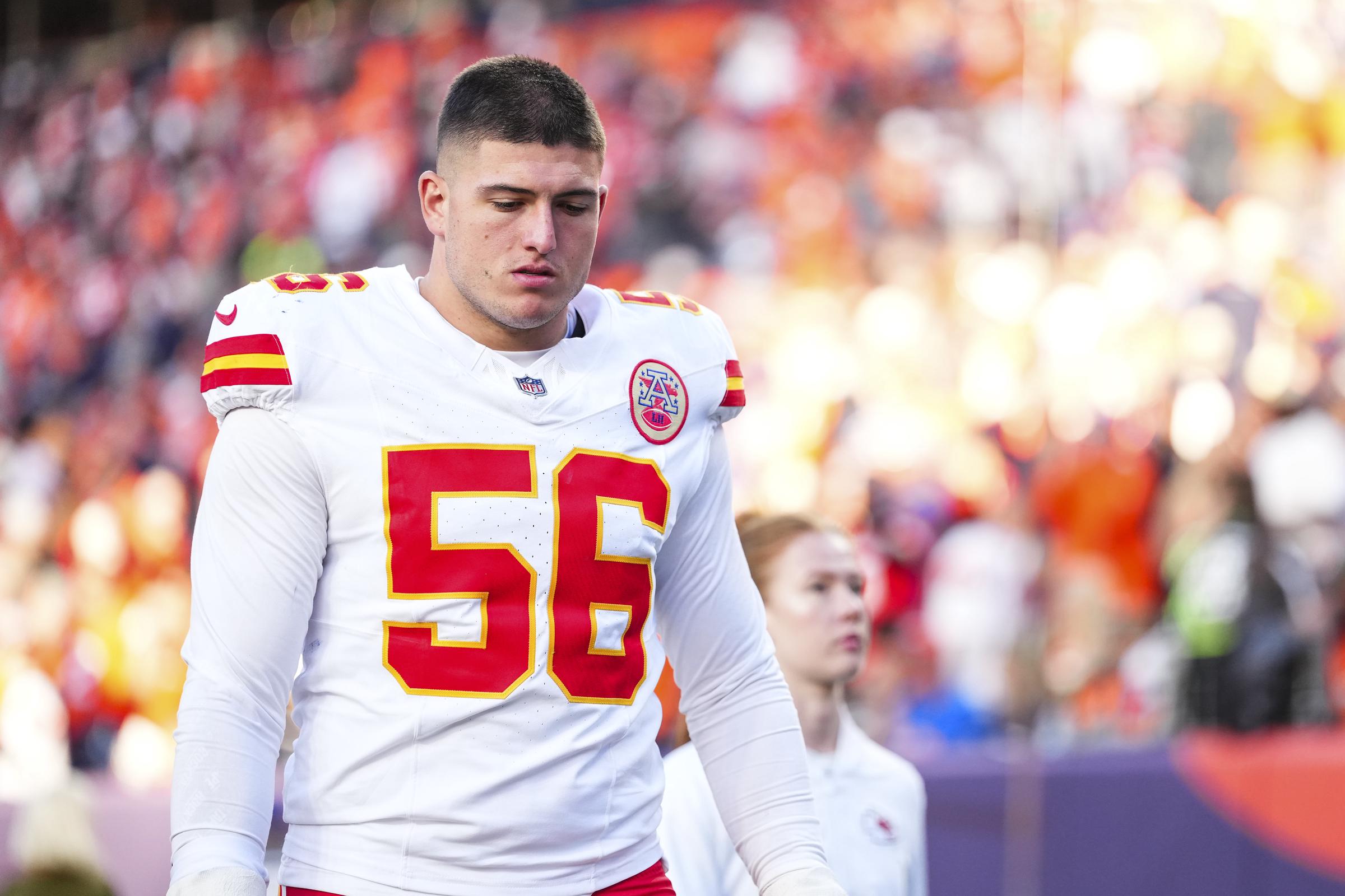 George Karlaftis #56 of the Kansas City Chiefs exits the fieldat Empower Field at Mile High in Denver, Colorado on November 16, 2025. | Source: Getty Images
