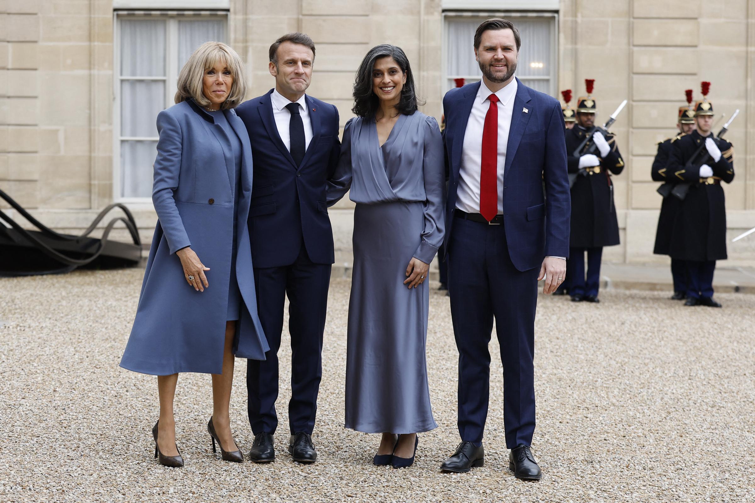French President Emmanuel Macron, Brigitte Macron US Vice President J.D. and Usha Vance on February 11, 2025 | Source: Getty Images
