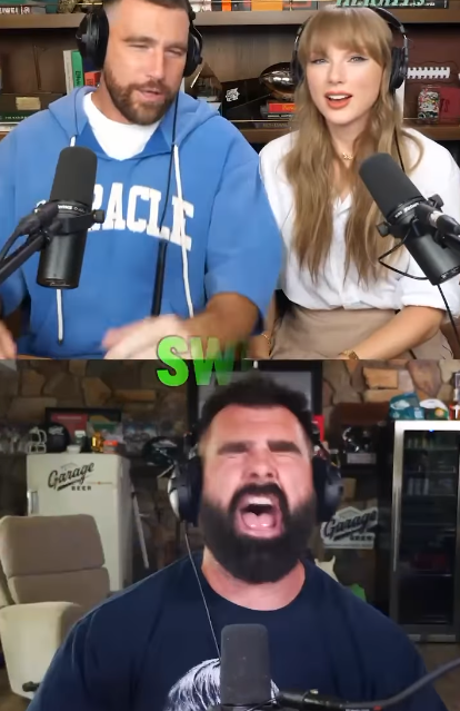 Jason Kelce introducing Taylor Swift on his podcast co-hosted by Travis Kelce, from a clip posted August 13, 2025 | Source: Instagram/newheightshow