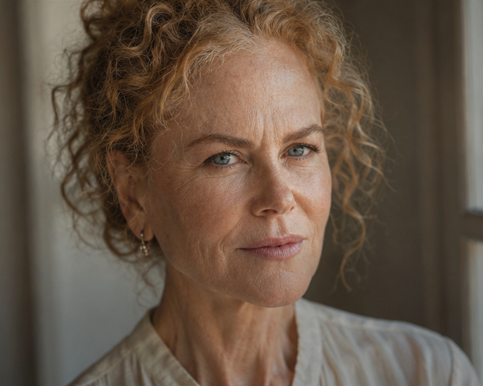 This portrait emphasizes the profound, interconnected web of lines across her face. Deep crow's feet and prominent glabellar lines trace a life fully lived, while the authentic texture and visible loss of elasticity in her neck provide a stark, honest counterpoint to historically frozen red-carpet preservation. | Source: Midjourney