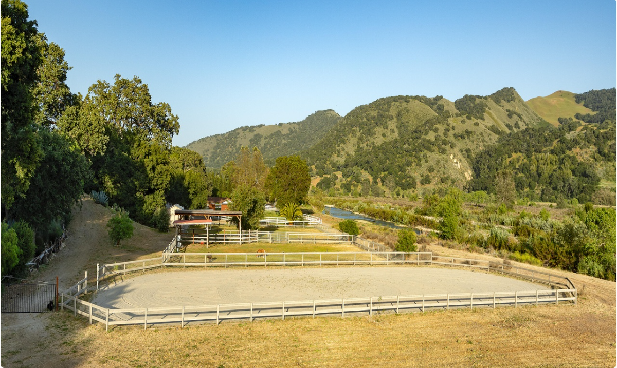 A scenic countryside trail. A narrow gravel path curves through tall grasses and low shrubs, leading toward a lush valley. Mature trees frame the view, with green hills stretching across the background.| Source: Redfin