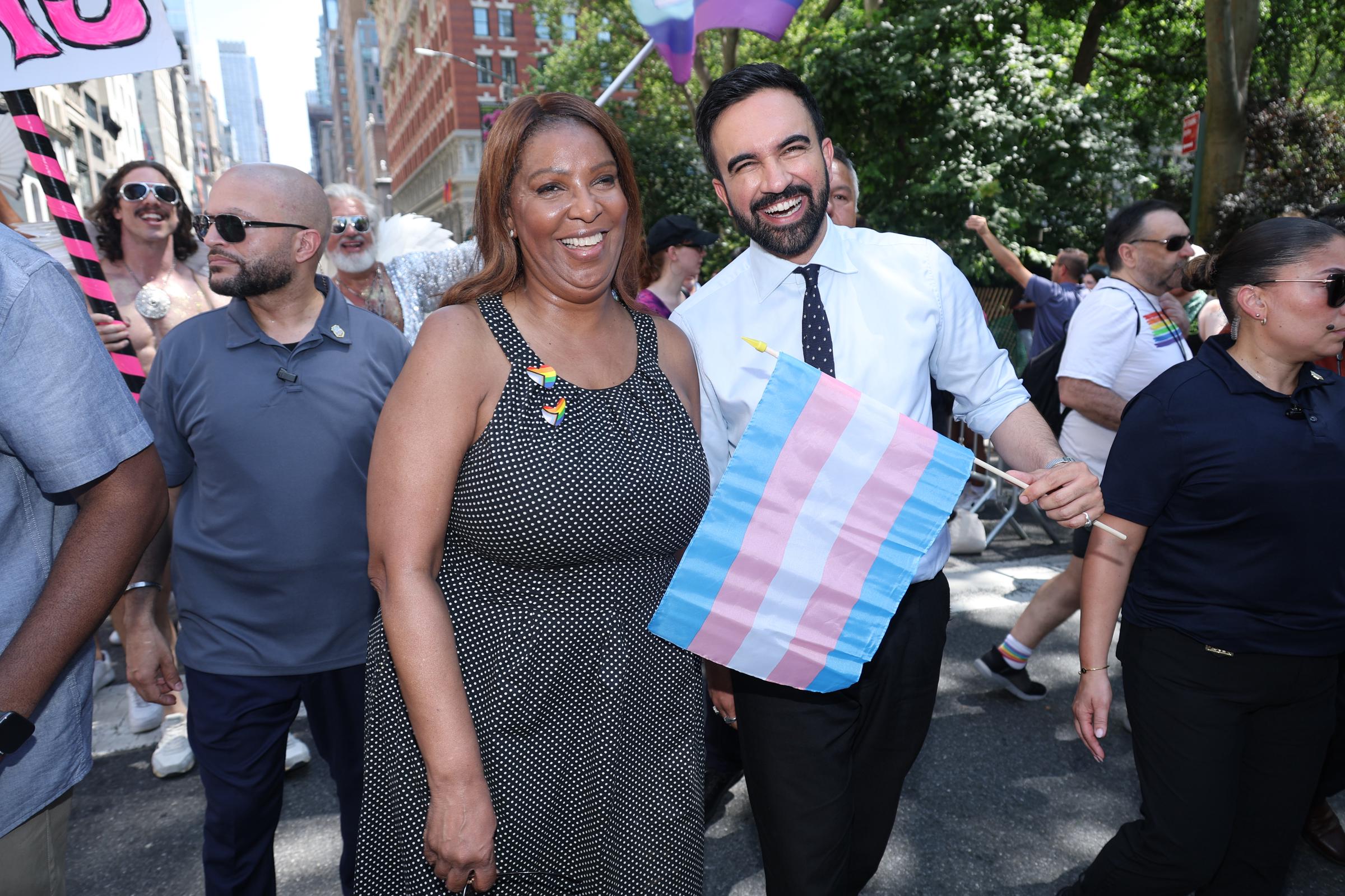New York Attorney General Letitia James and Zohran Mamdani attend the 2025 NYC Pride March on June 29 in New York City. | Source: Getty Images