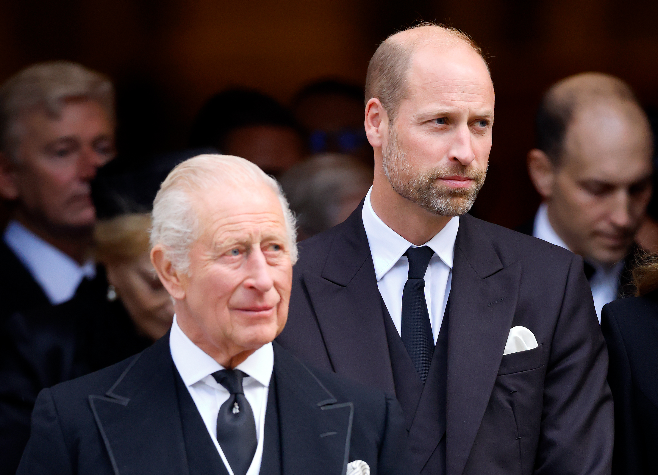 King Charles III and Prince William attended the Duchess of Kent's Requiem Mass at Westminster Cathedral on September 16, 2025. Their appearance together also reflects the father and son's prominent roles within the royal family, while their relationships with Prince Harry have followed different paths. | Source: Getty Images