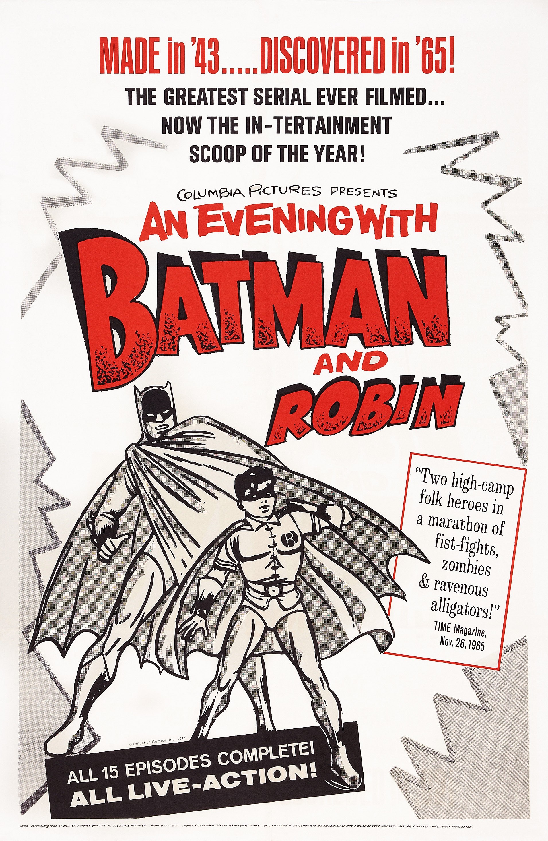 A 1965 reissue poster for the 1943 "Batman" serial promoted "An Evening With Batman and Robin," helping introduce a new generation to the character's first live-action adventure. | Source: Getty Images