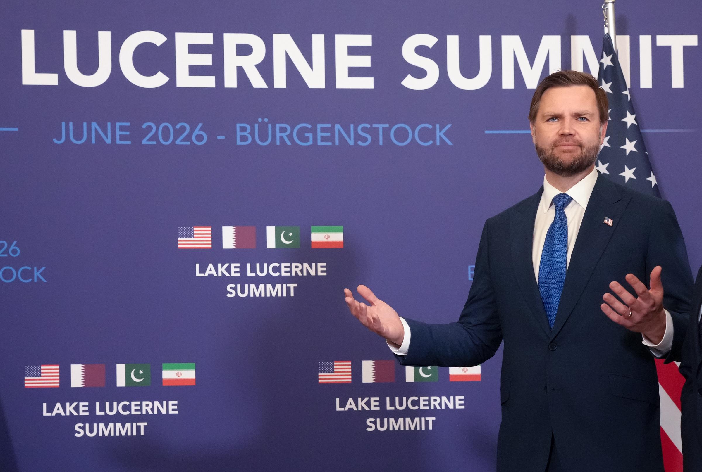 Vice President JD Vance gestures as he waits to meet with Pakistani Prime Minister Shehbaz Sharif during high-level talks at the Lake Lucerne Summit in Switzerland on June 21, 2026. It was during the diplomatic meetings that Vance made remarks about his wife, Usha Vance, that later drew widespread attention online. | Source: Getty Images