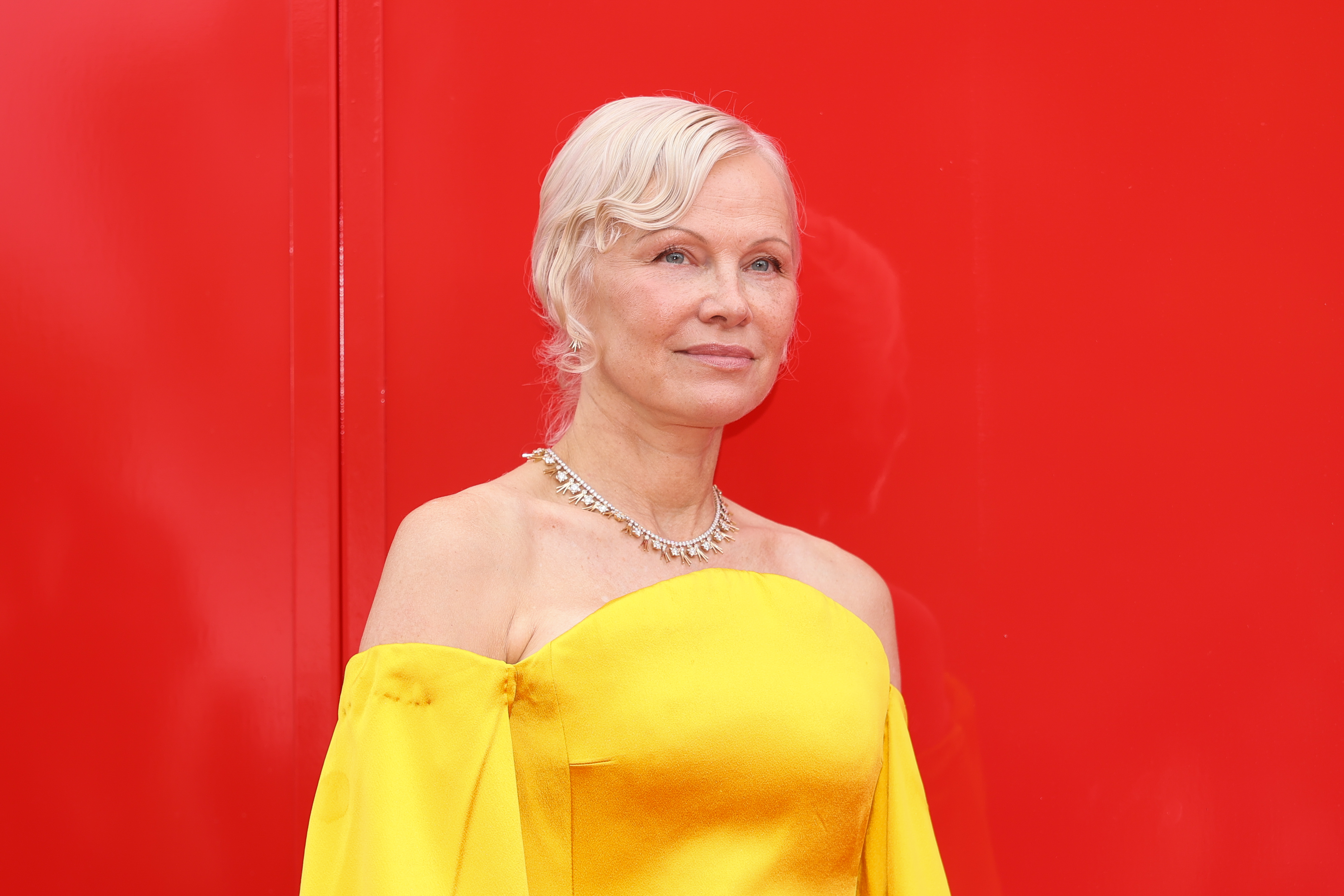 Pamela Anderson traded her signature long blonde waves for a vintage-inspired updo, continuing to reinvent her Hollywood image while keeping the platinum shade she has maintained for decades. | Source: Getty Images