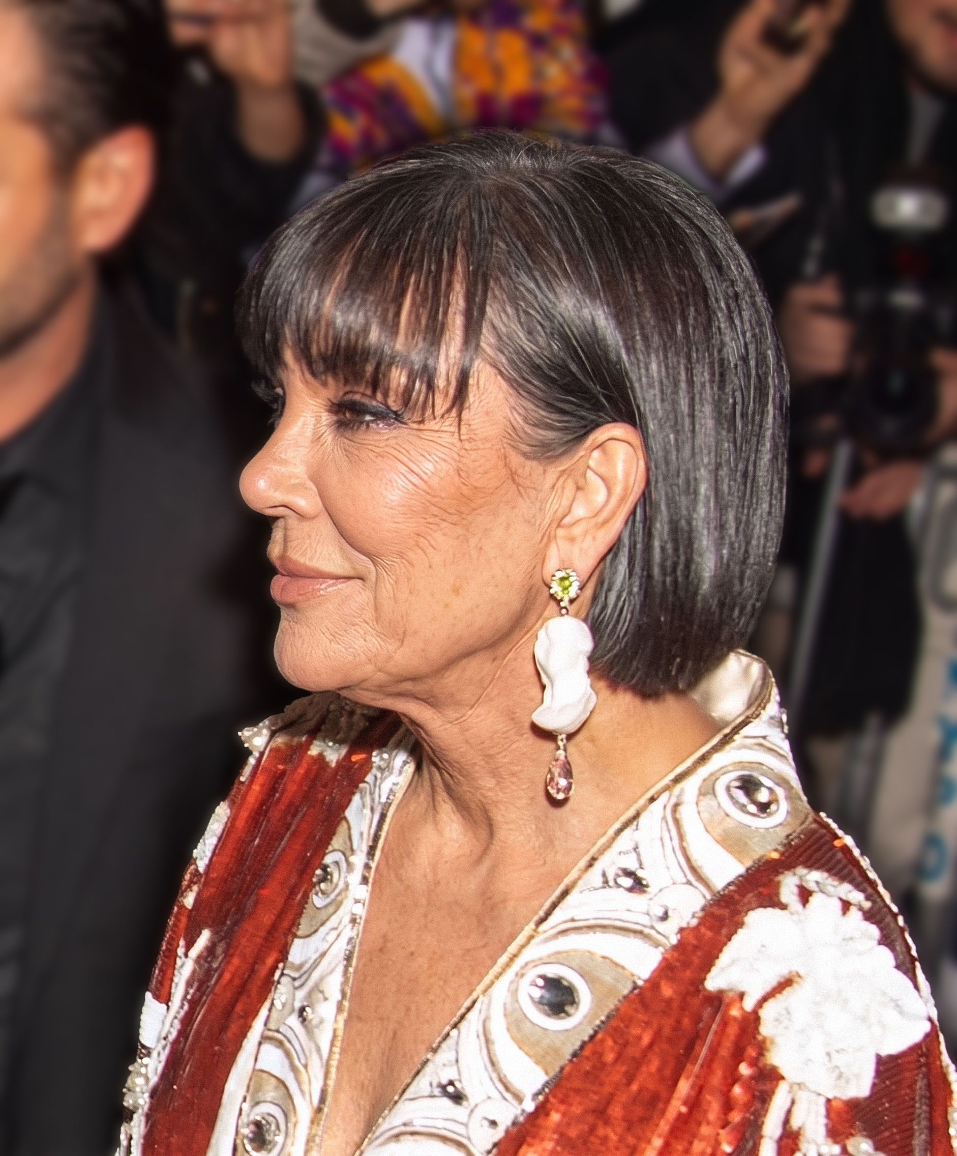 Seen in profile, Kris is imagined with prominent gray strands and visible lines along her cheek, jawline and neck, creating a very different kind of red-carpet portrait. | Source: Gemini
