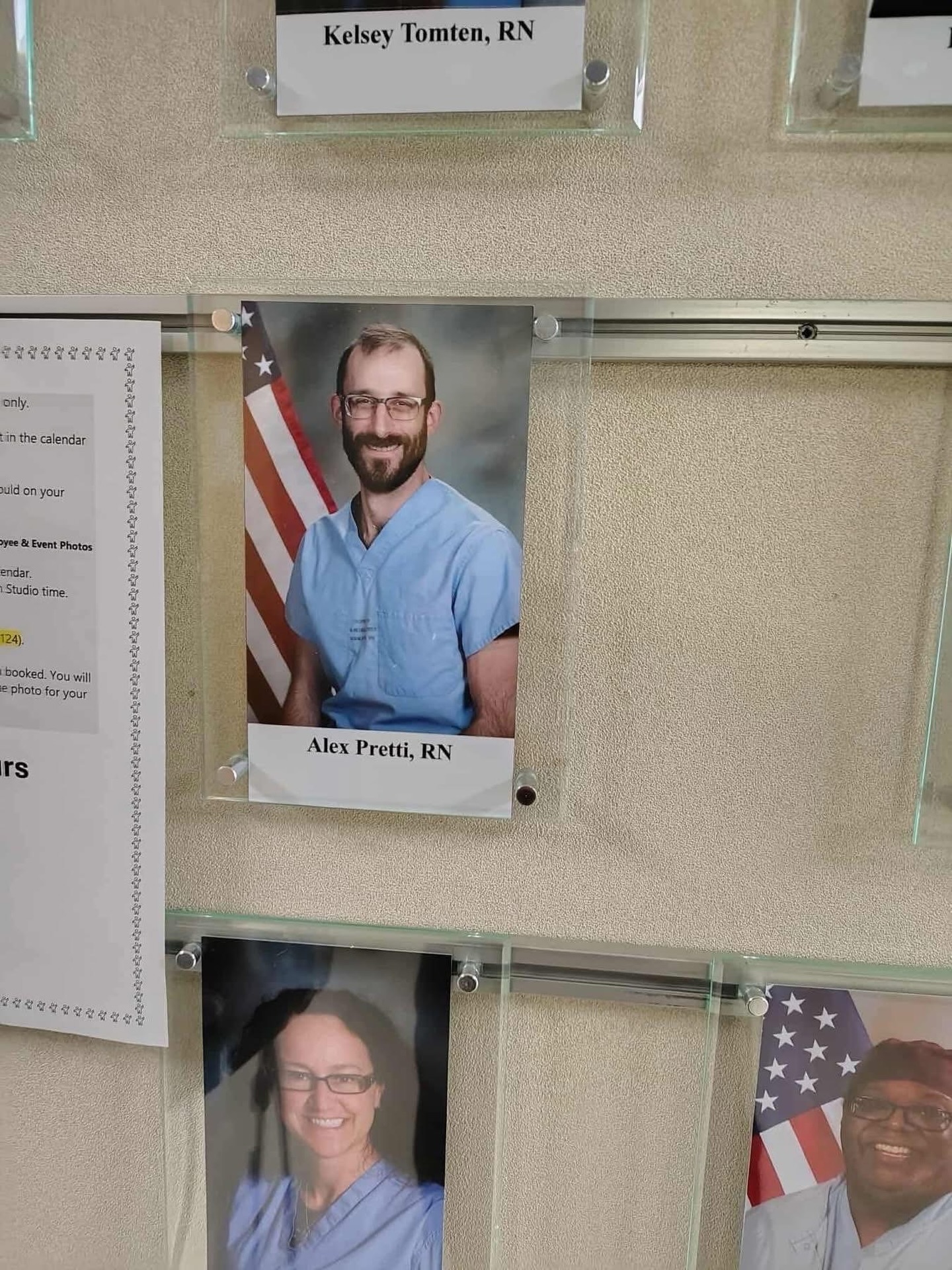 A picture of Alex Pretti in his nurse uniform on a hospital wall, from a post dated January 24, 2026 | Source: Facebook/KidDr1ft