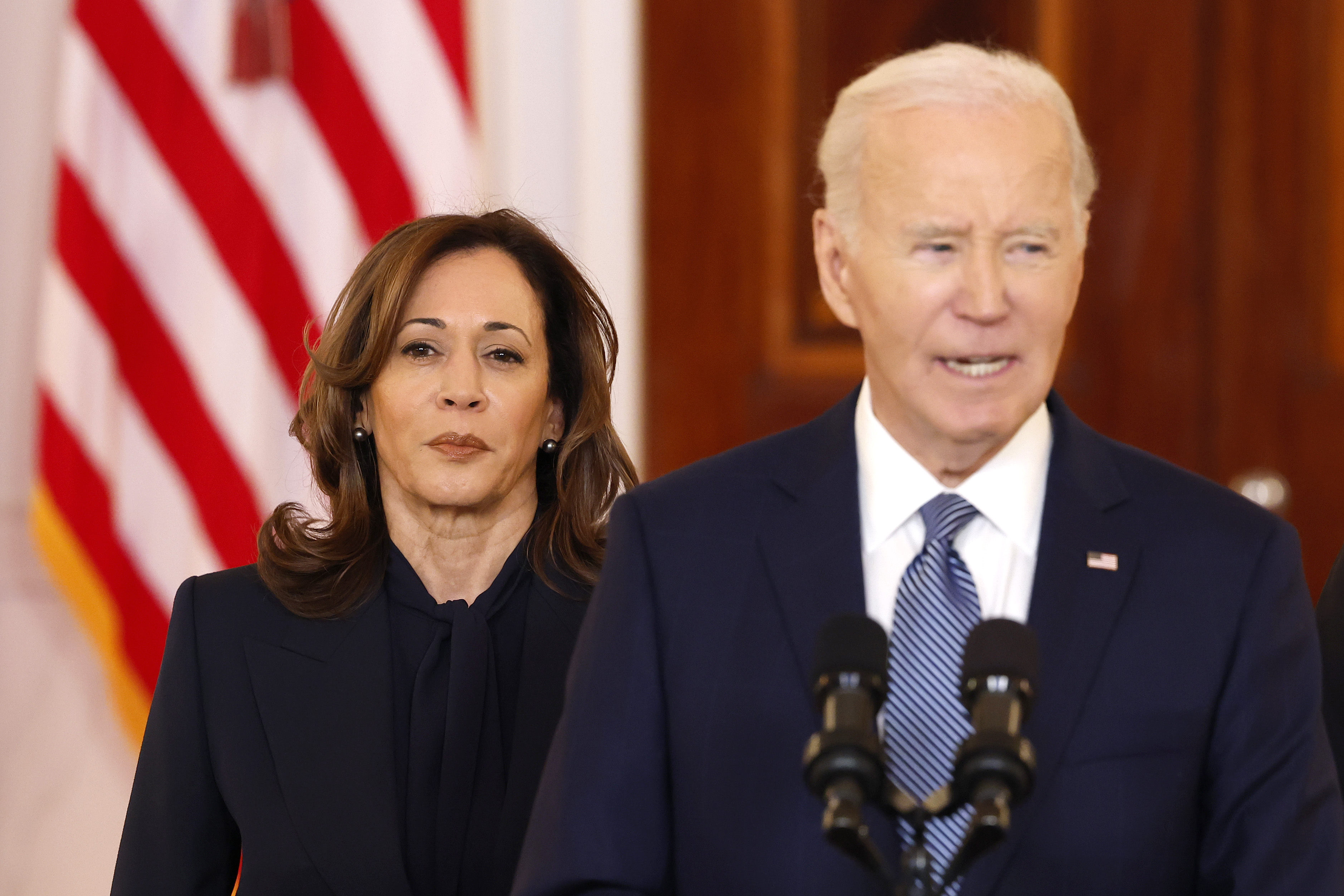Vice President Kamala Harris looks on as President Joe Biden delivers remarks on January 15, 2025, in Washington, DC. | Source: Getty Images