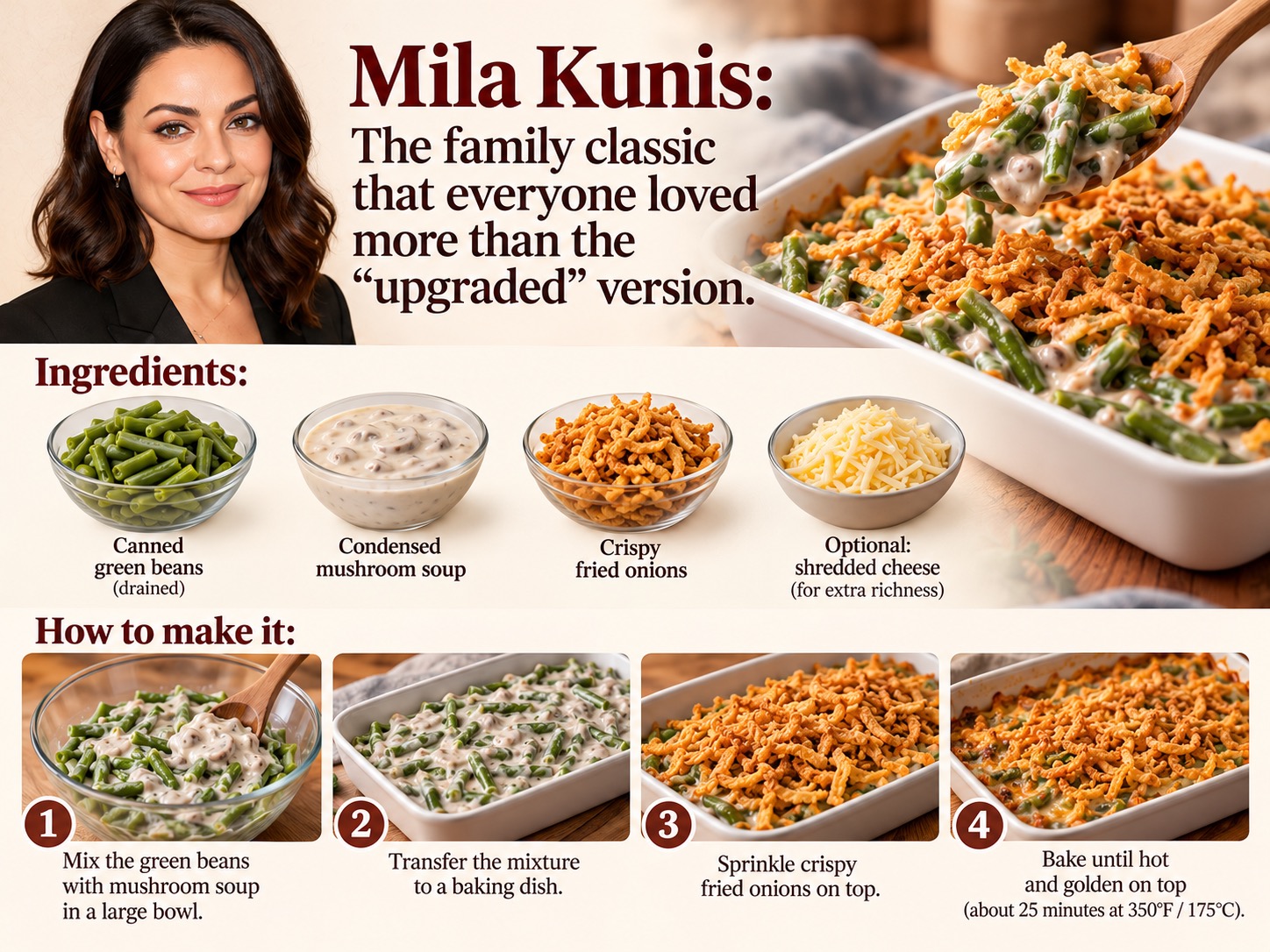 This illustrated recipe breaks the classic green bean casserole into four simple steps, from mixing the ingredients to baking until the topping turns golden and crispy. Shredded cheese is shown as an optional addition. | Source: AI-generated illustration.