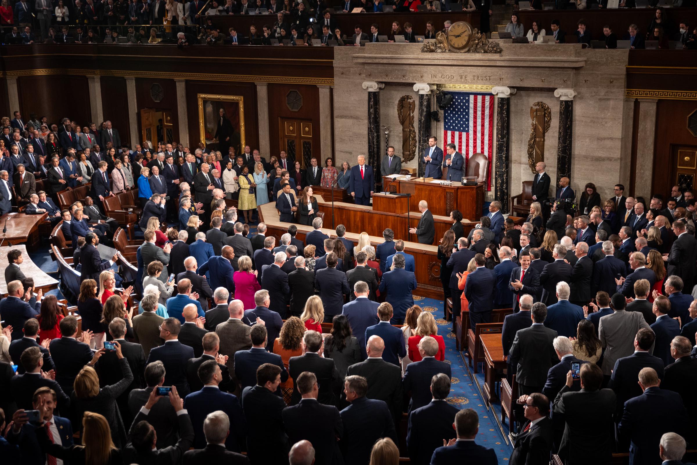 President Donald Trump arrives at the chambers of the U.S. House of Representatives ahead of his State of the Union address in Washington, DC on February 24, 2026. | Source: Getty Images