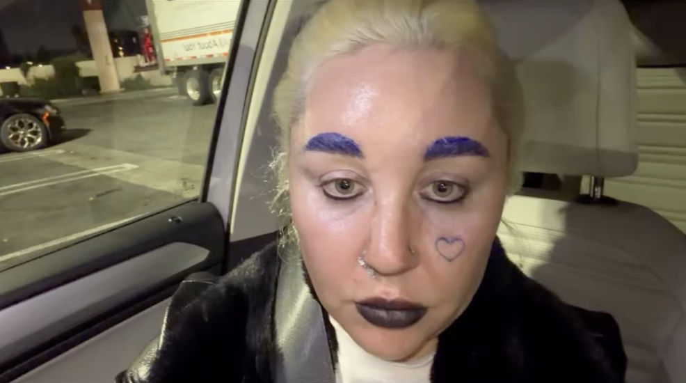 Amanda Bynes moved closer to the camera in her Instagram Story, highlighting her brows, dark lipstick, and face tattoo in sharper detail against the dimly lit car interior. | Source: Instagram/amandapandapandapanda1