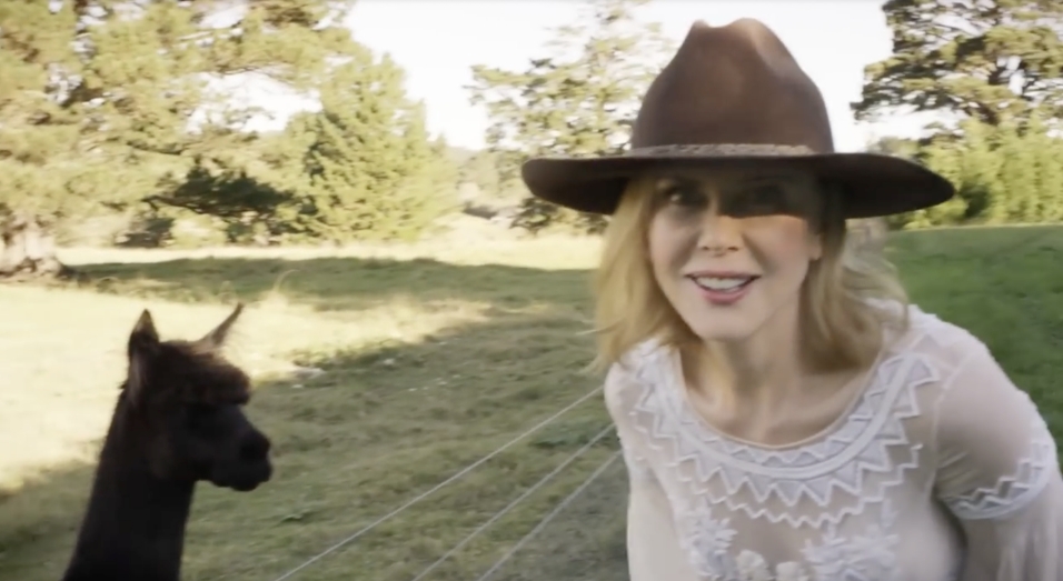 Wearing her wide-brimmed hat, Nicole Kidman greets one of the farm’s alpacas — a playful nod to her favorite part of the property. From a video dated July 20, 2015. | Source: YouTube/Vogue