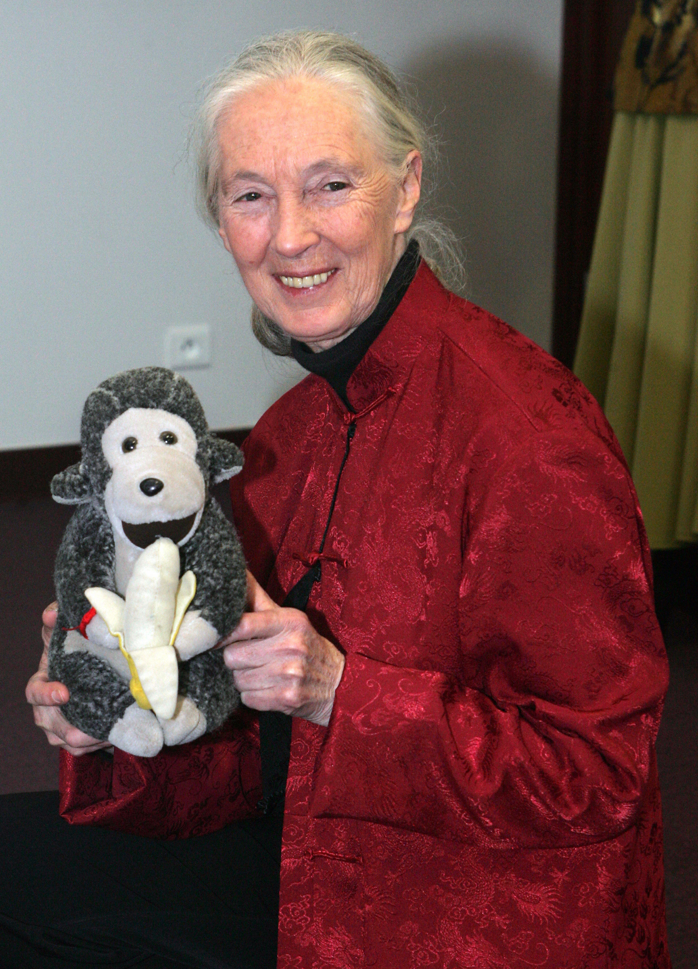 Jane Goodall with Mr. H before she received the UNESCO 60th anniversary gold medal for her studies into the conservation of chimpanzees in Africa; photo taken in Paris, France on January 17, 2006. | Source: Getty Images
