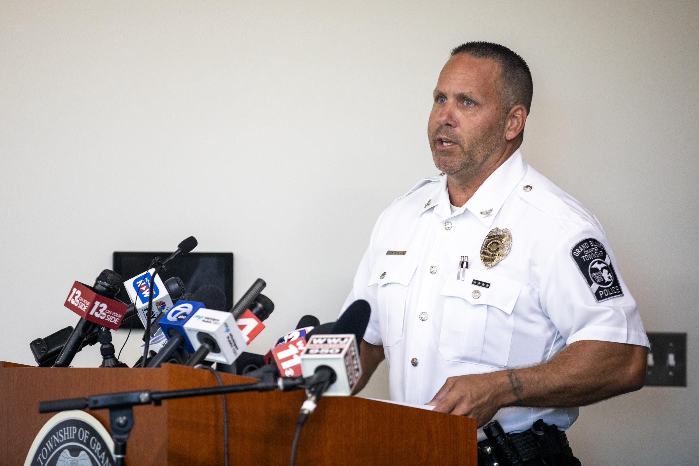 Chief of Police William Renye speaks at a press conference at the Grand Blanc County Police Department after a shooting and fire at the Church of Jesus Christ of Latter-day Saints on September 28, 2025, in Grand Blanc, Michigan. | Source: Getty Images