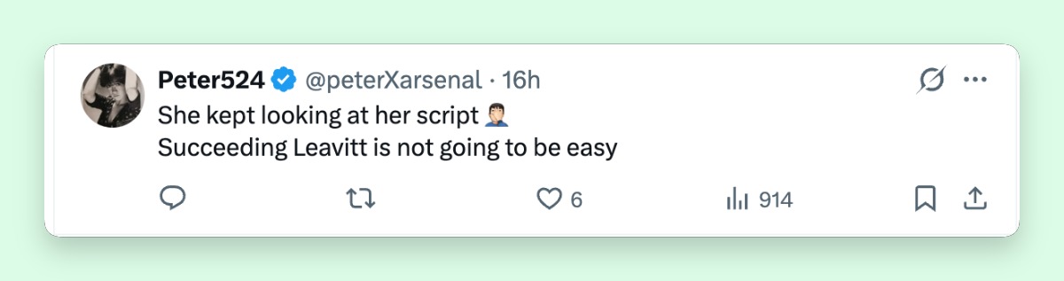 One viewer criticized Zacharia's delivery, writing, "She kept looking at her script 🤦🏻‍♂️". The commenter added, "Succeeding Leavitt is not going to be easy." | Source: X/@FoxNews